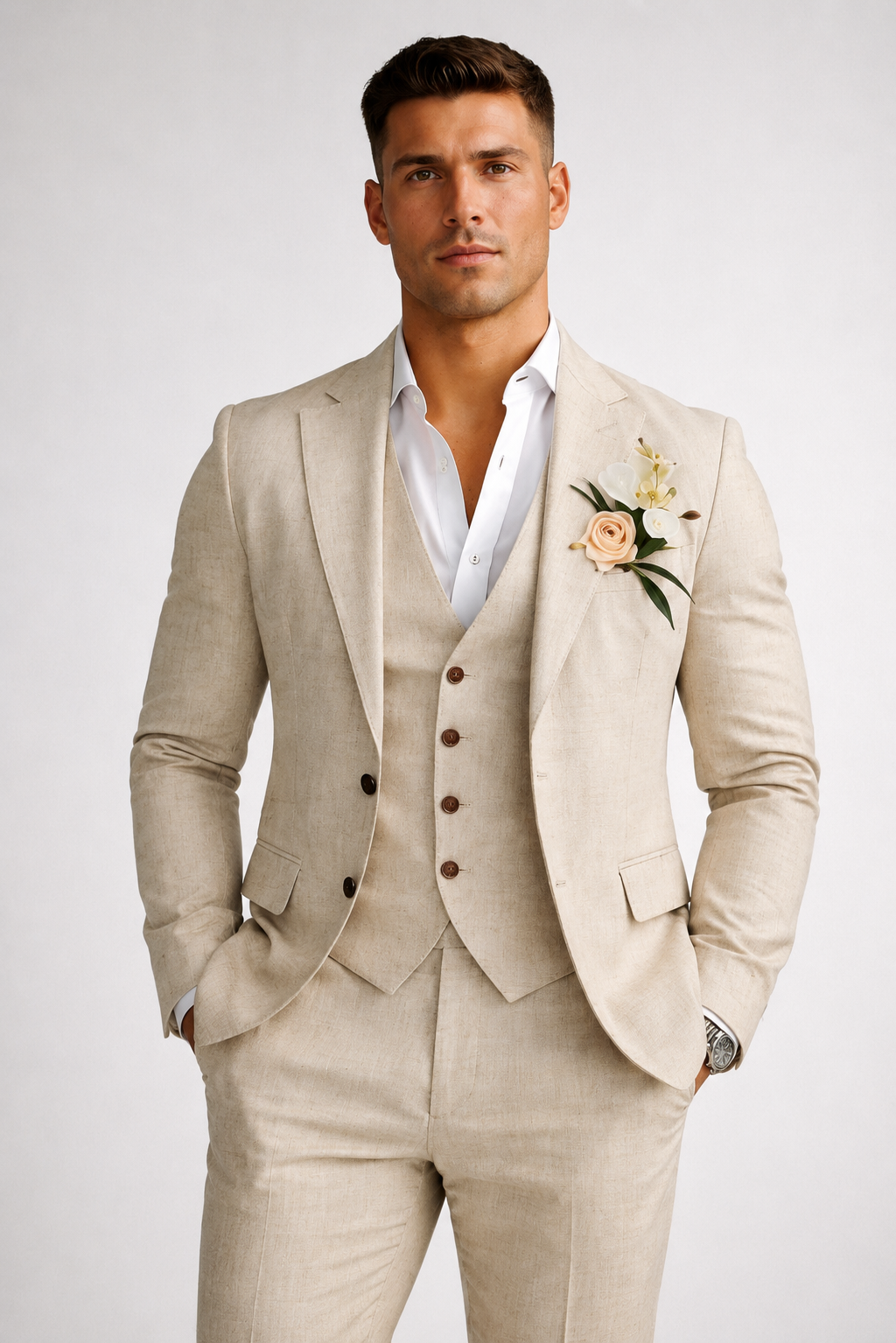 BEIGE SLIM FIT LINEN WEDDING SUIT