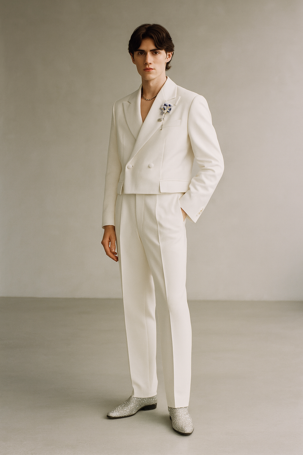 WHITE DOUBLE-BREASTED CROPPED SUIT