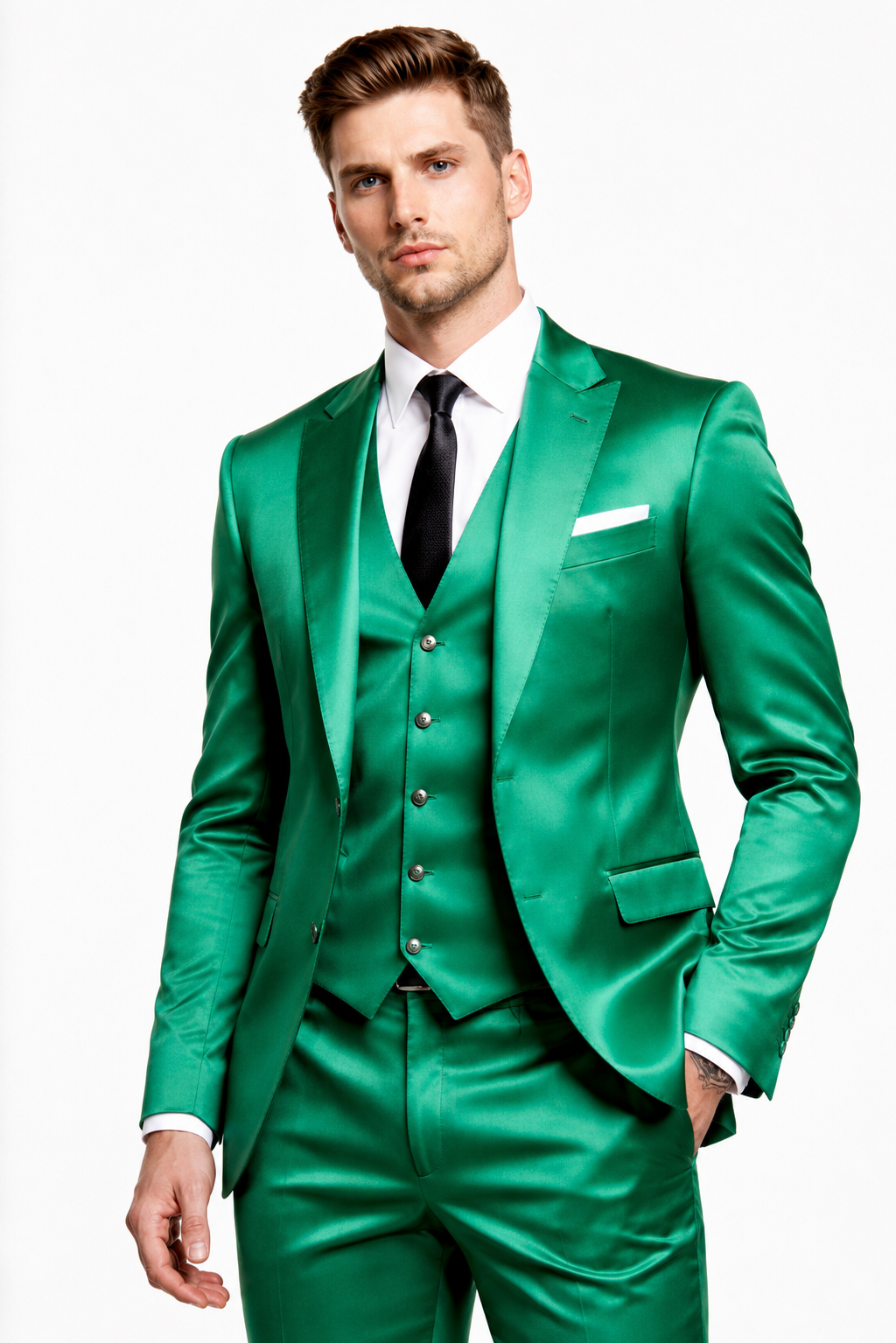GREEN SLIM FIT SATIN PARTYWEAR SUIT
