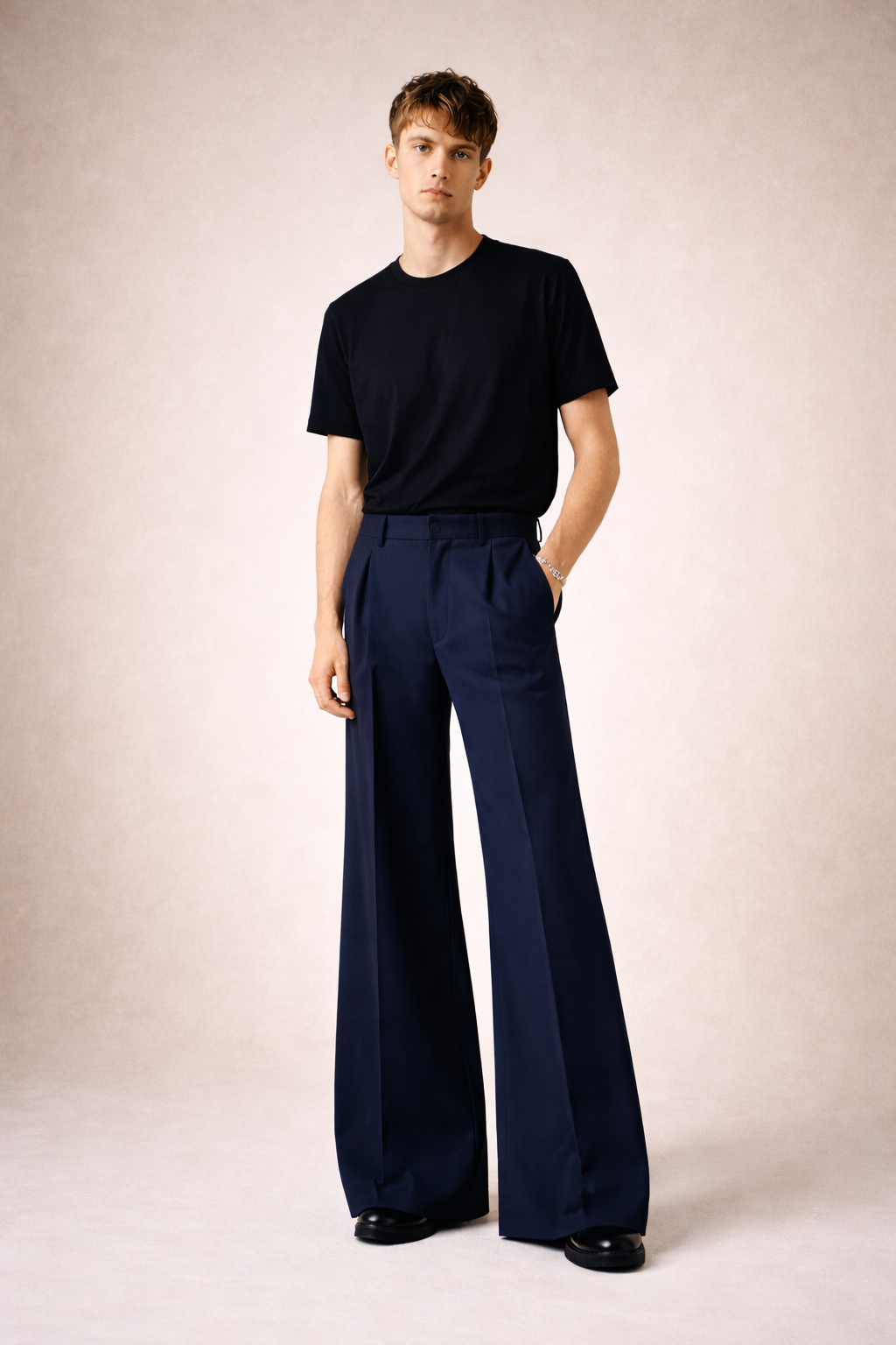 DARK BLUE HIGH-WAISTED PLEATED PANTS