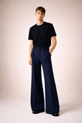 DARK BLUE HIGH-WAISTED PLEATED PANTS