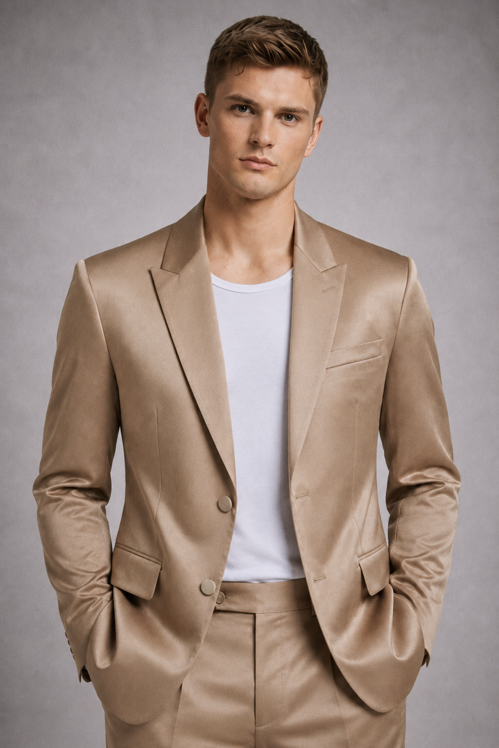 BEIGE SATIN FORMAL WEDDING SUIT