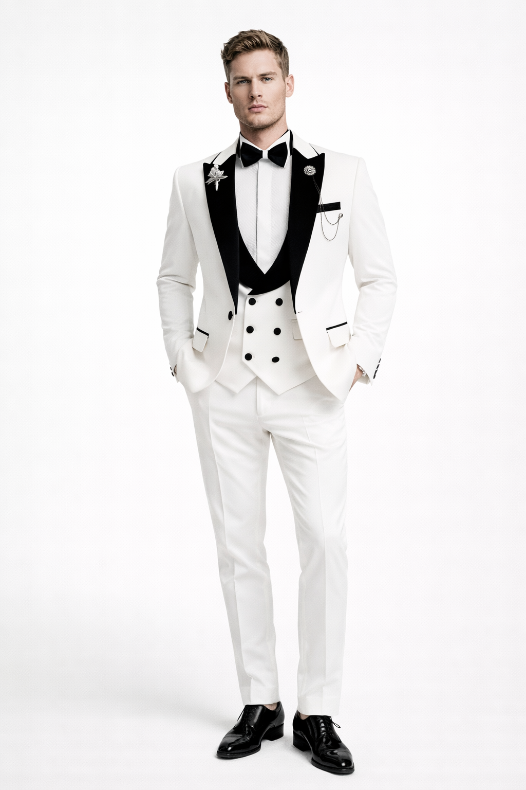 WHITE BLACK SHAWL LAPEL TUXEDO SUIT