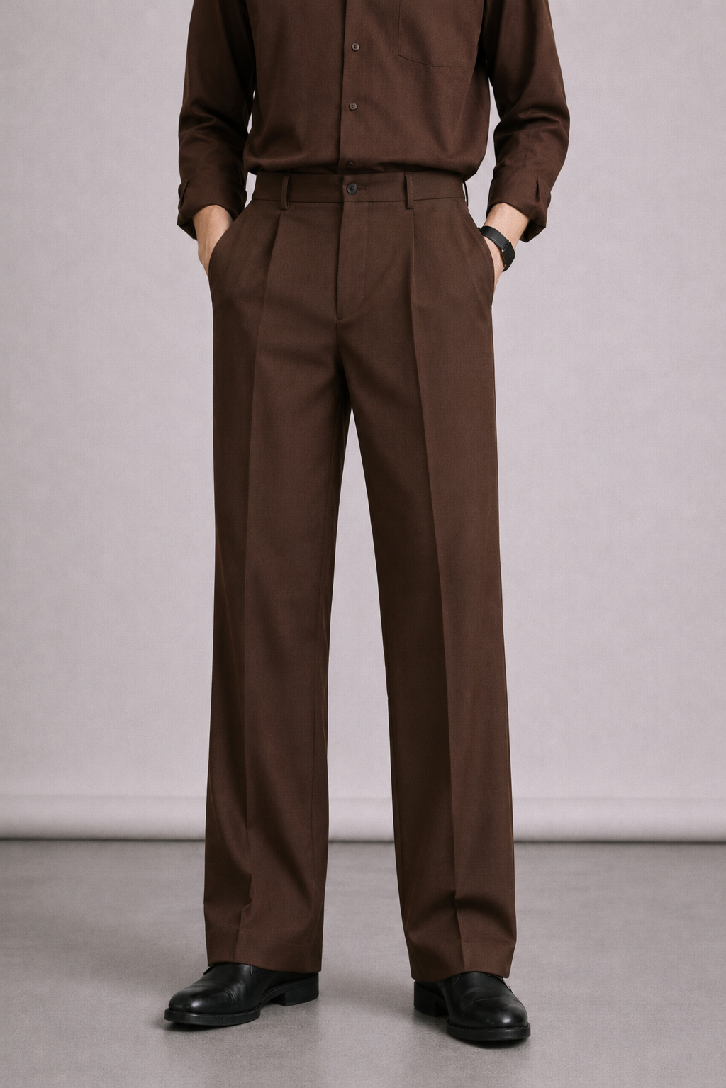 DARK BROWN HIGH-WAISTED WIDE-LEG TROUSERS