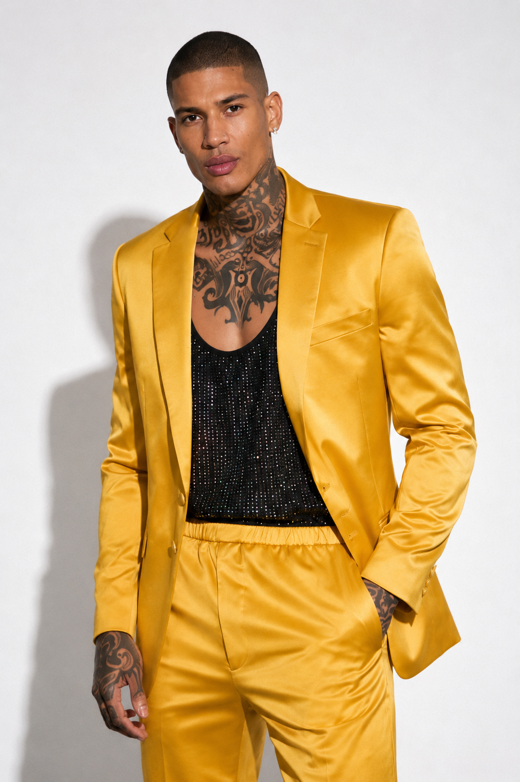 YELLOW SLIM FIT SATIN PARTY SUIT