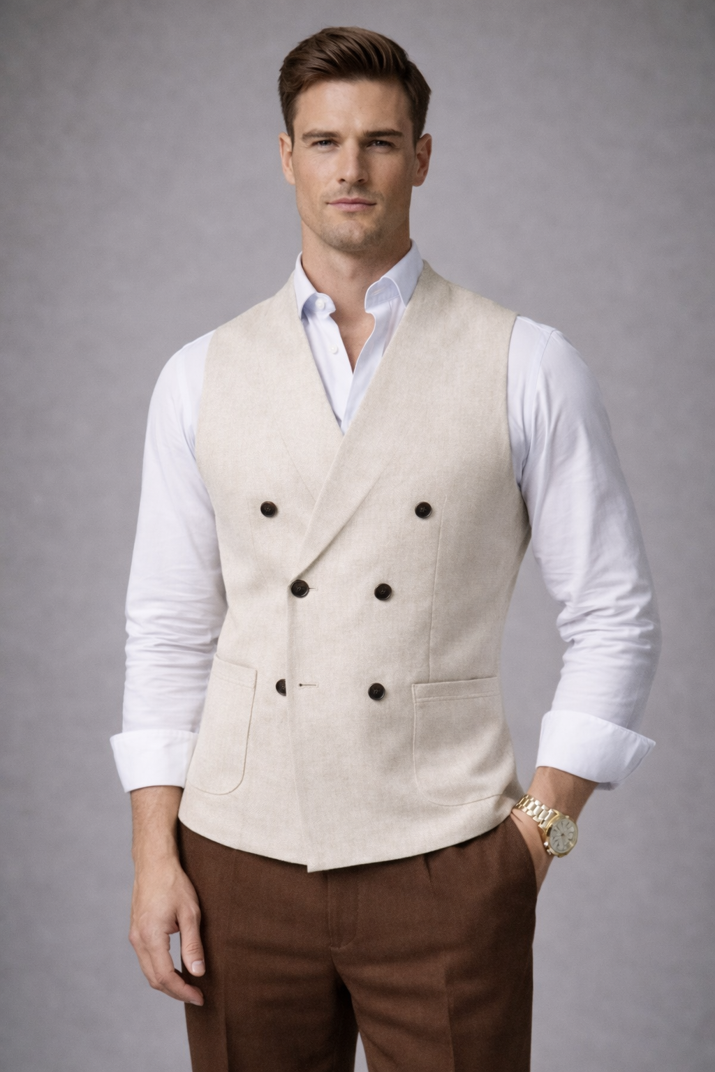 BEIGE DOUBLE-BREASTED WAISTCOAT FOR MEN