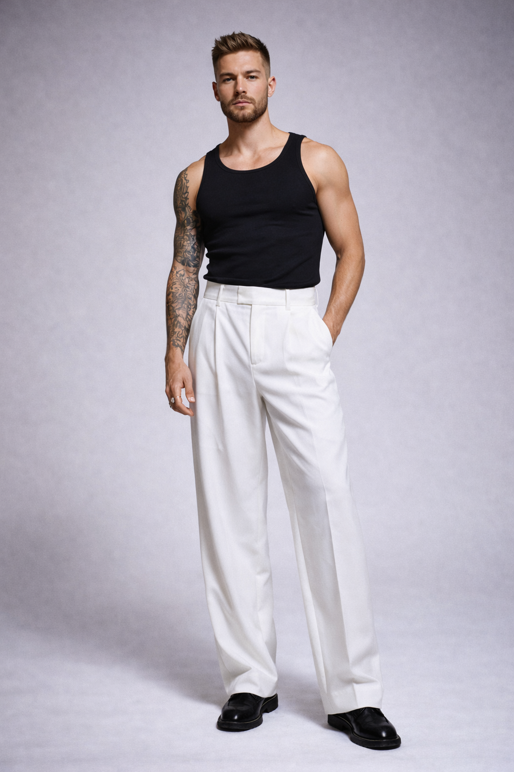 IVORY WHITE HIGH-WAISTED PLEATED WIDE-LEG TROUSERS