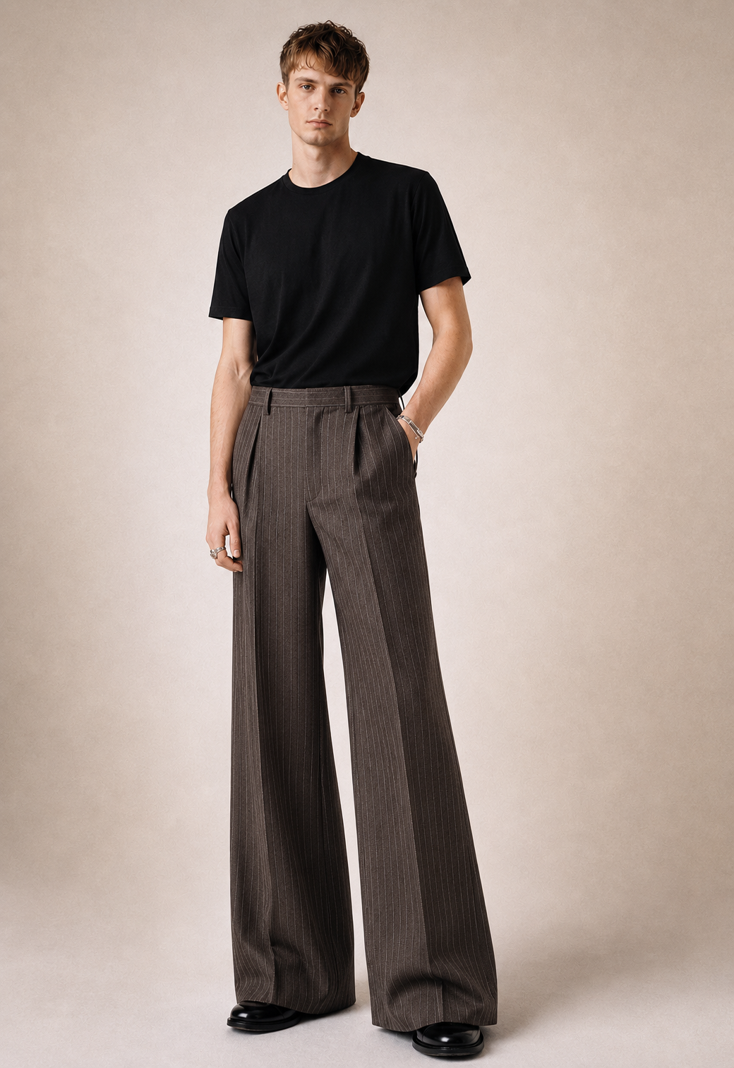 DARK BROWN PINSTRIPE PLEATED TROUSERS