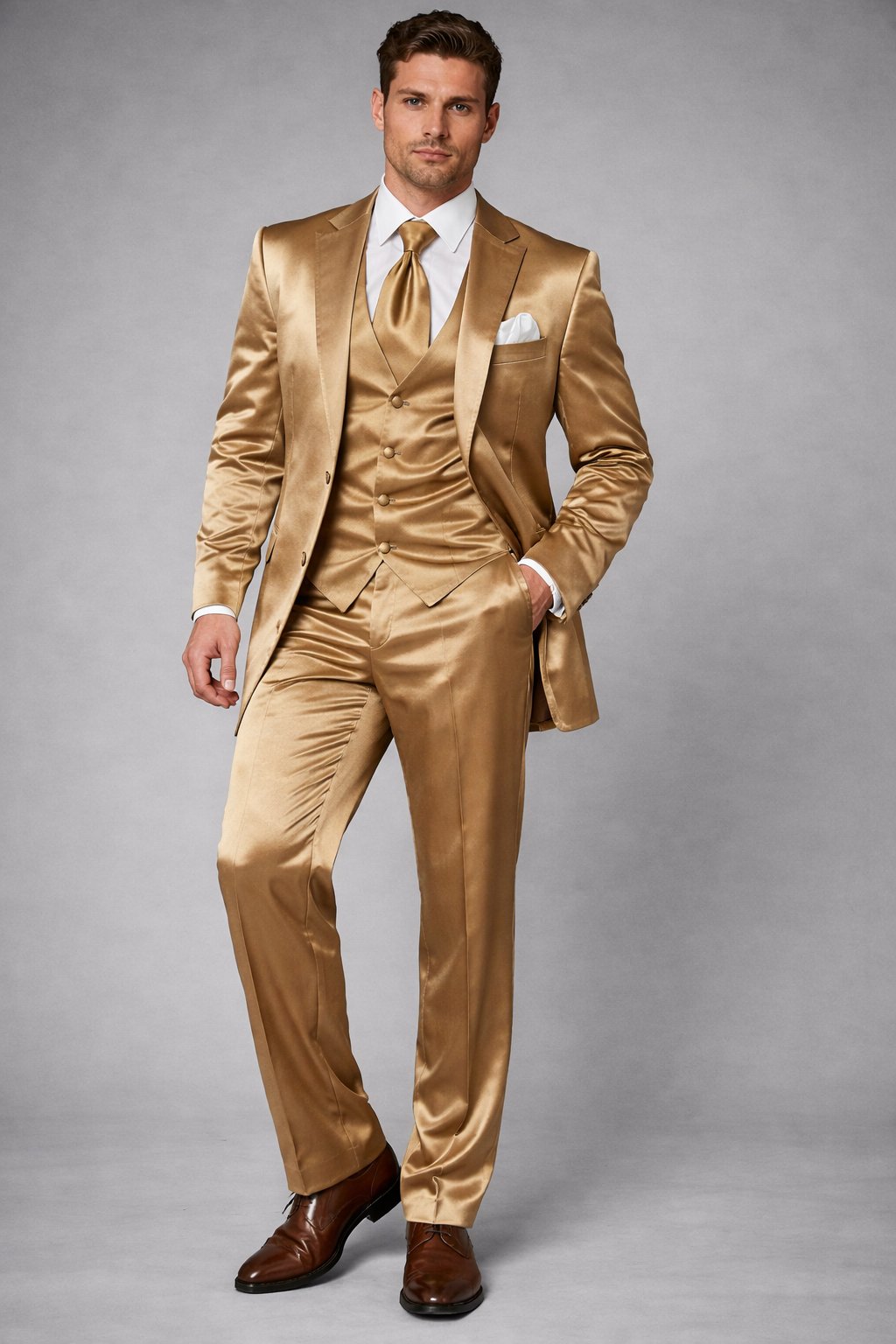 GOLD SLIM-FIT SATIN PROM SUIT