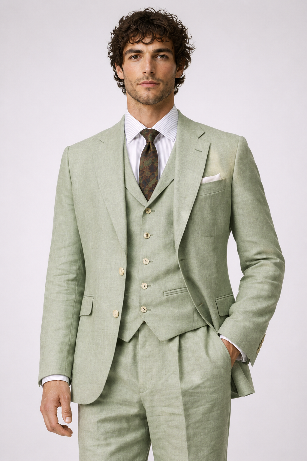GREEN LINEN SUMMER RECEPTION SUIT