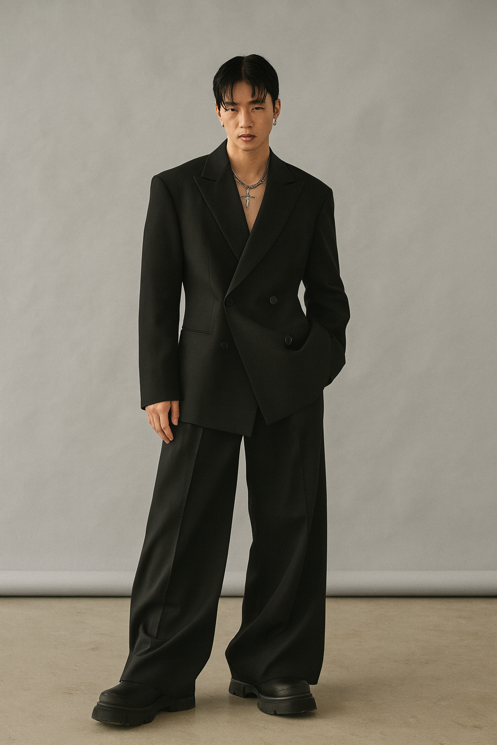 BLACK DOUBLE-BREASTED OVERSIZED SUIT