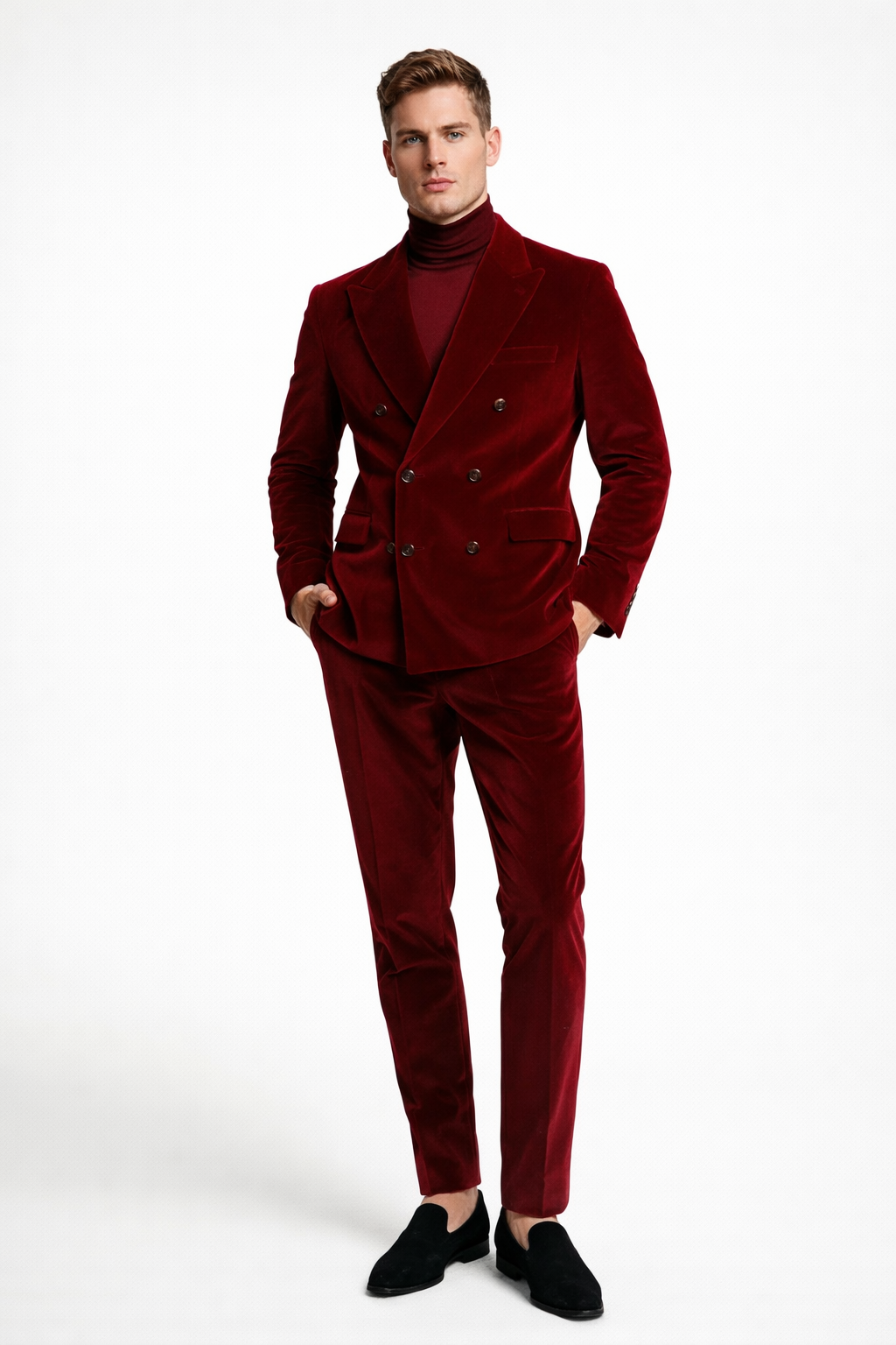 RED DOUBLE-BREASTED VELVET  SUIT