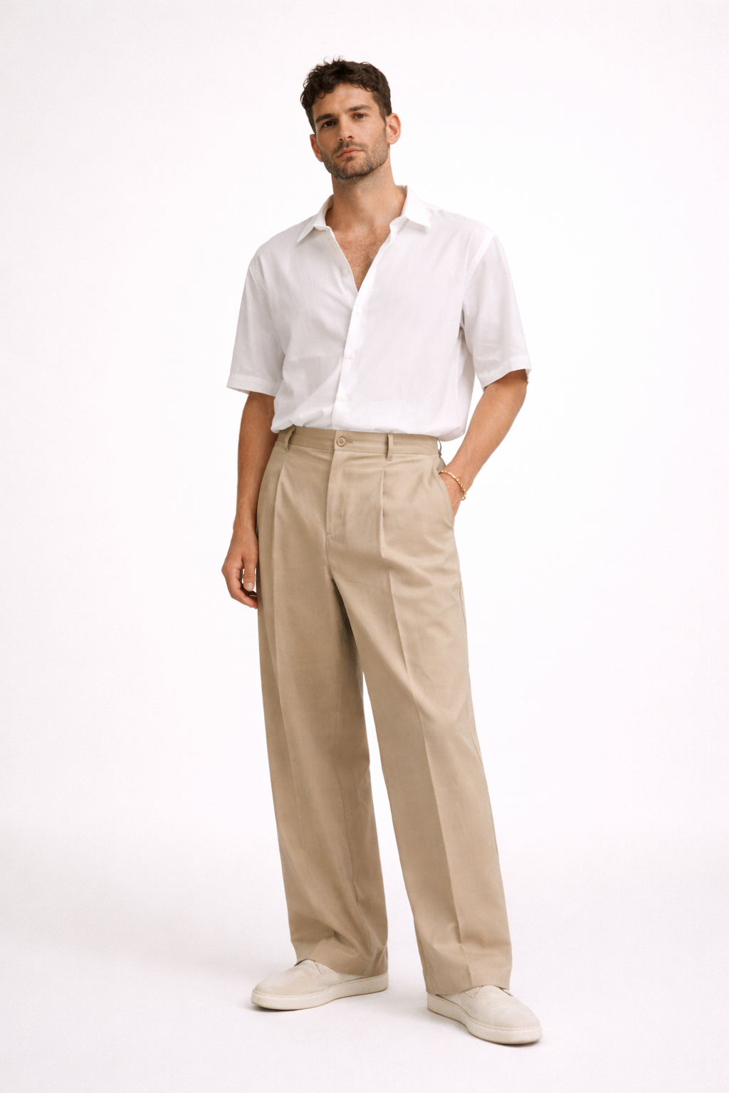 BEIGE PLEATED HIGH-WAISTED WIDE-LEG PANTS