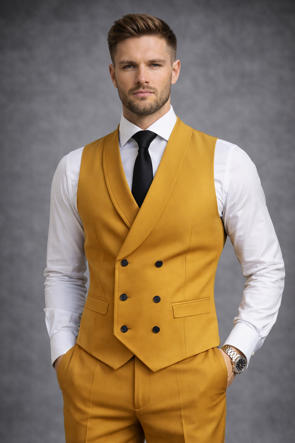 MUSTARD DOUBLE-BREASTED SHAWL LAPEL WAISTCOAT