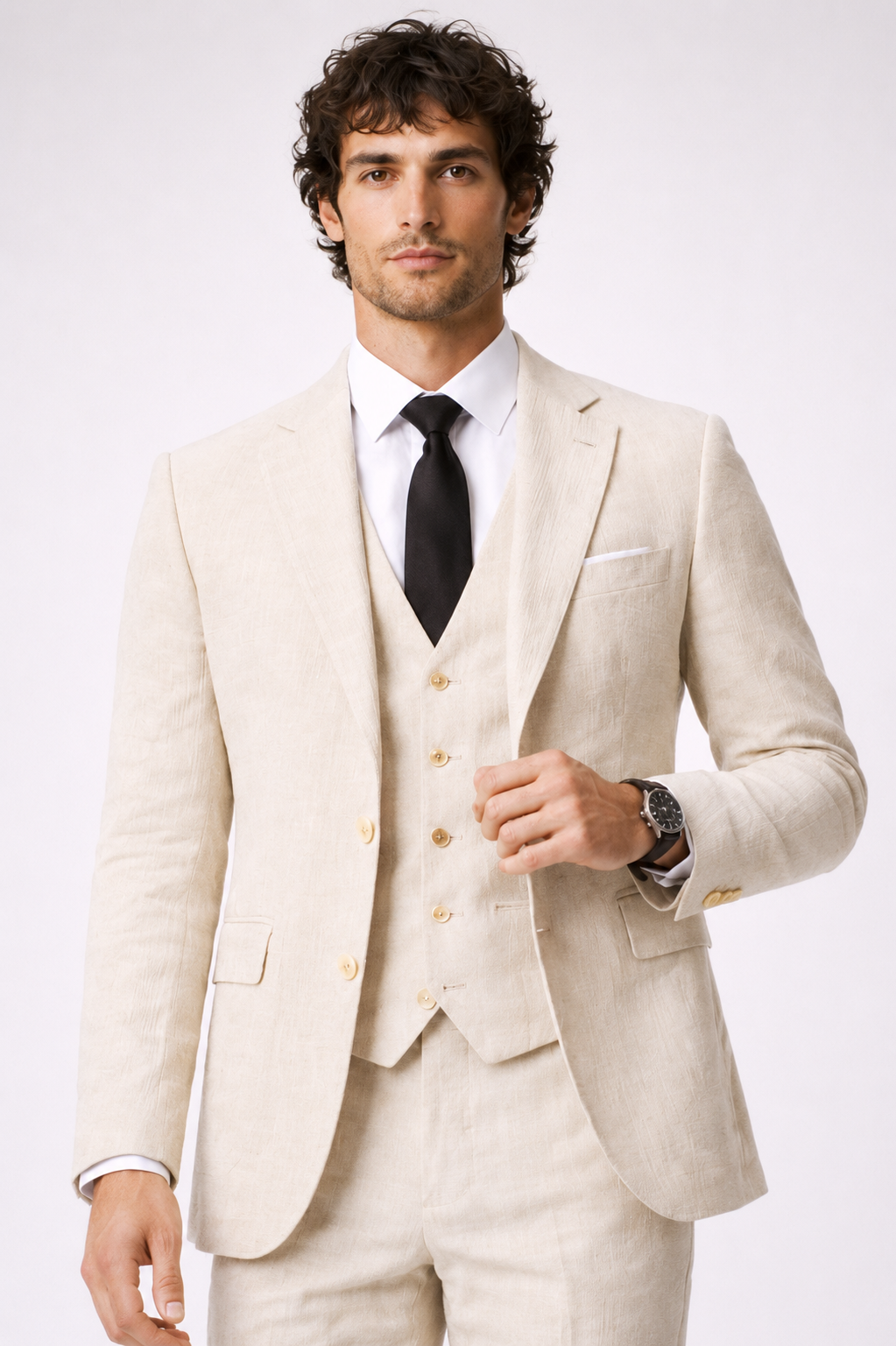 BEIGE SLIM FIT LINEN FORMAL SUIT