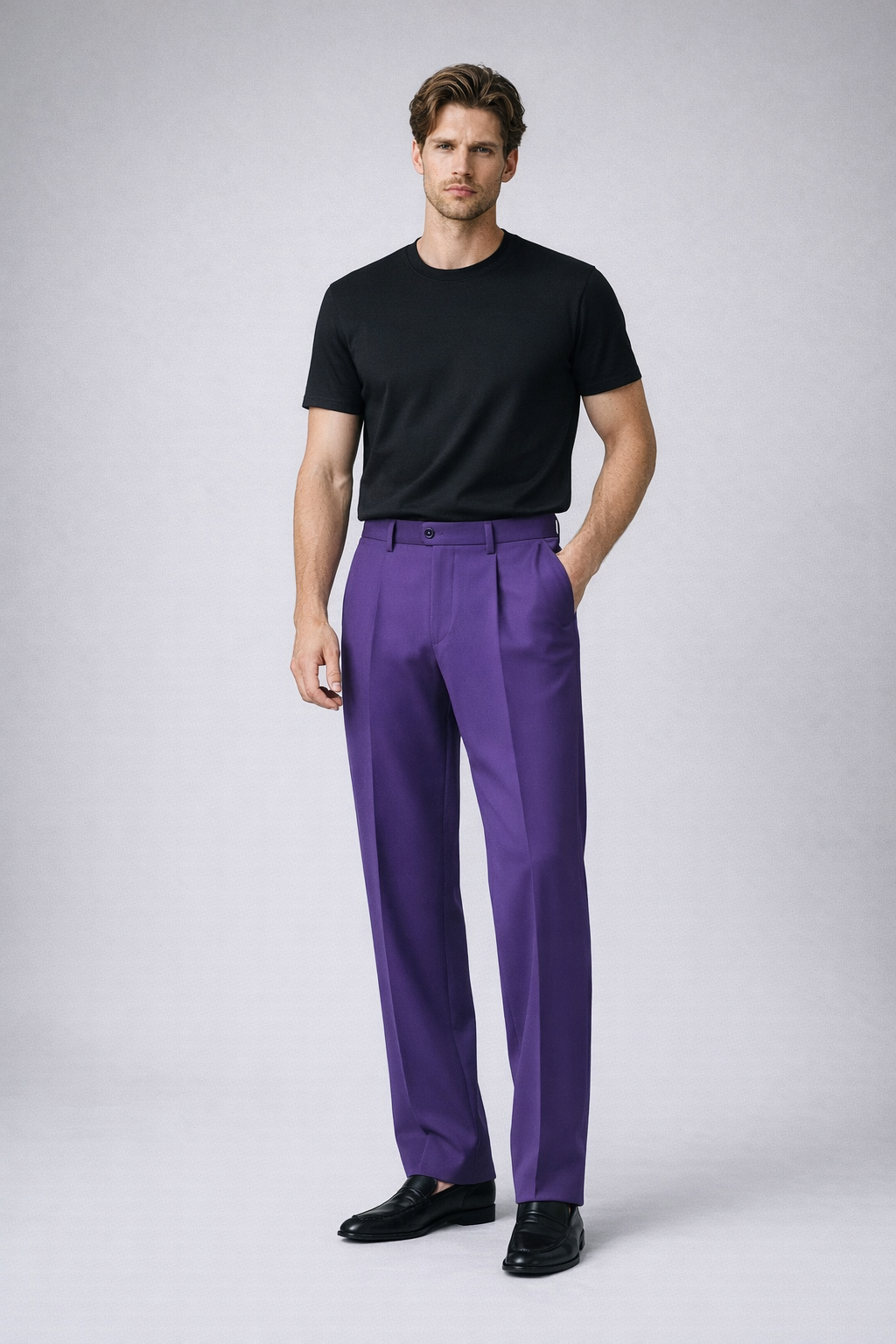 PURPLE HIGH-WAISTED PLEATED SLIM STRAIGHT TROUSERS