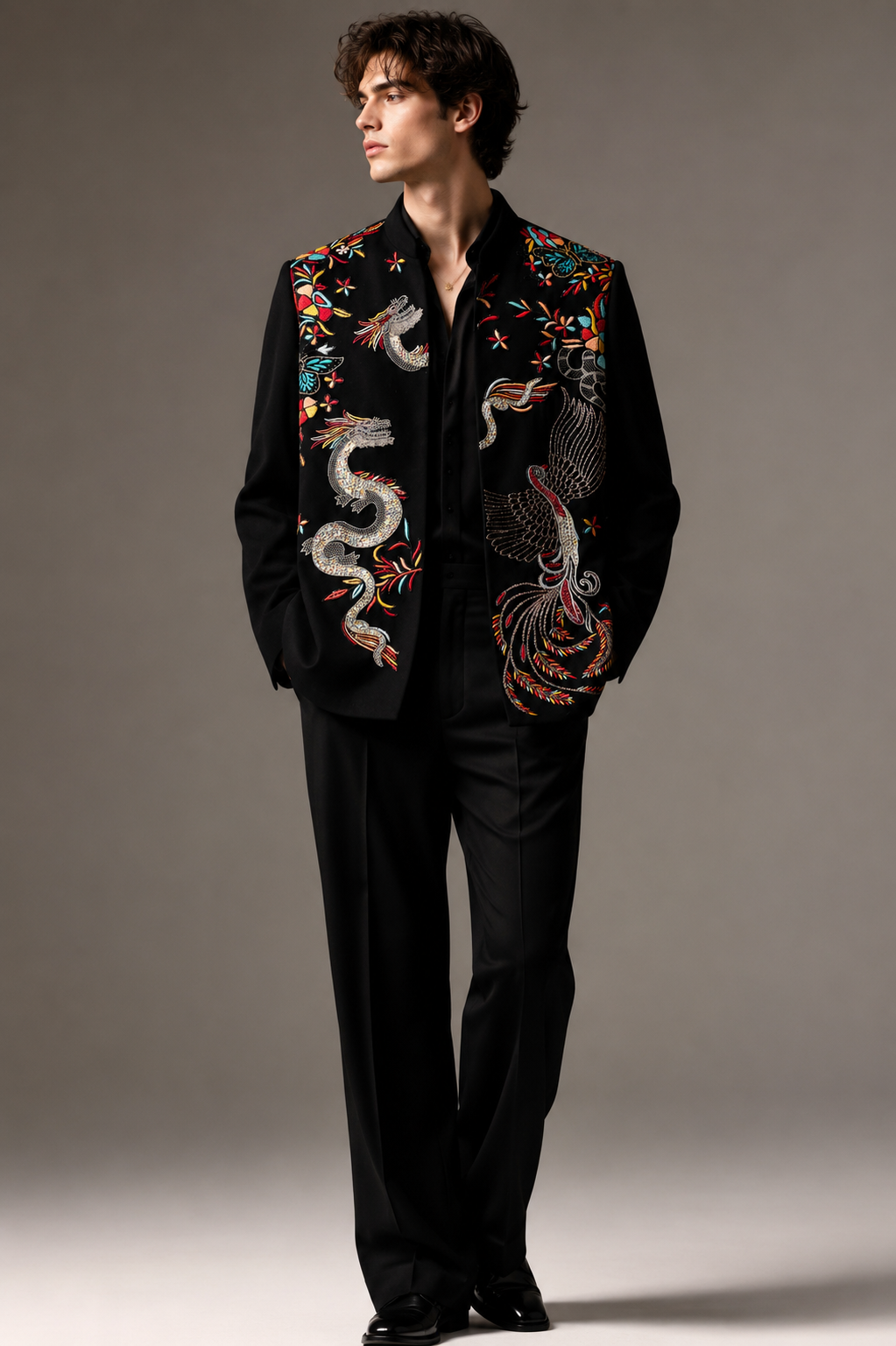 BLACK EMBROIDERED DRAGON PHOENIX SUIT