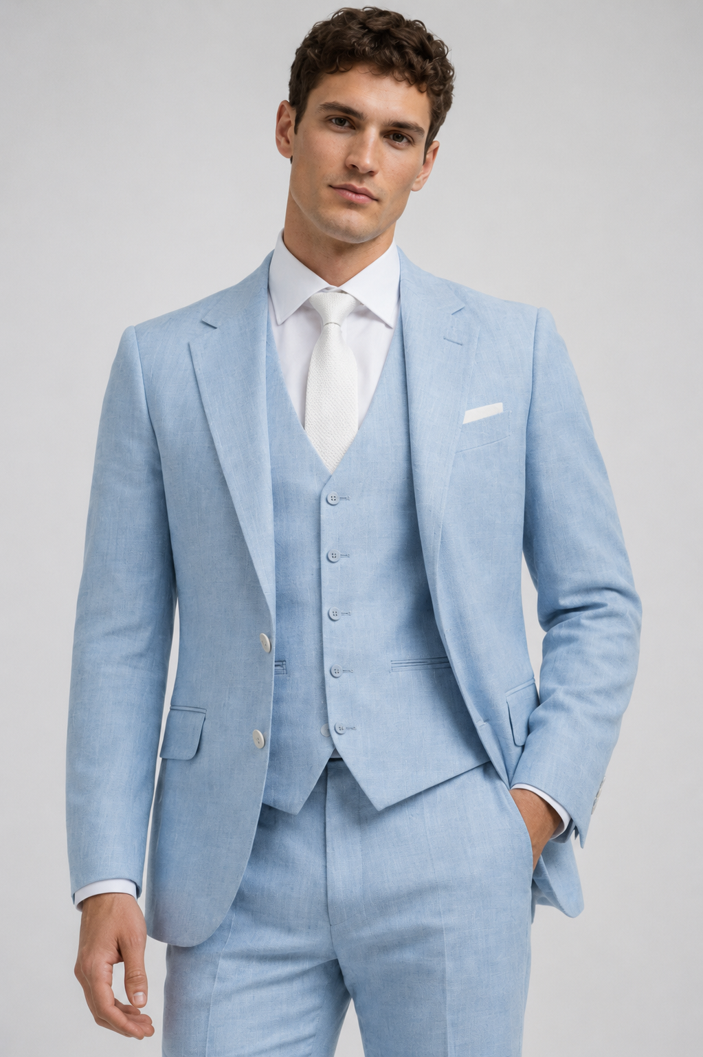 BLUE SLIM FIT LINEN FORMAL SUIT