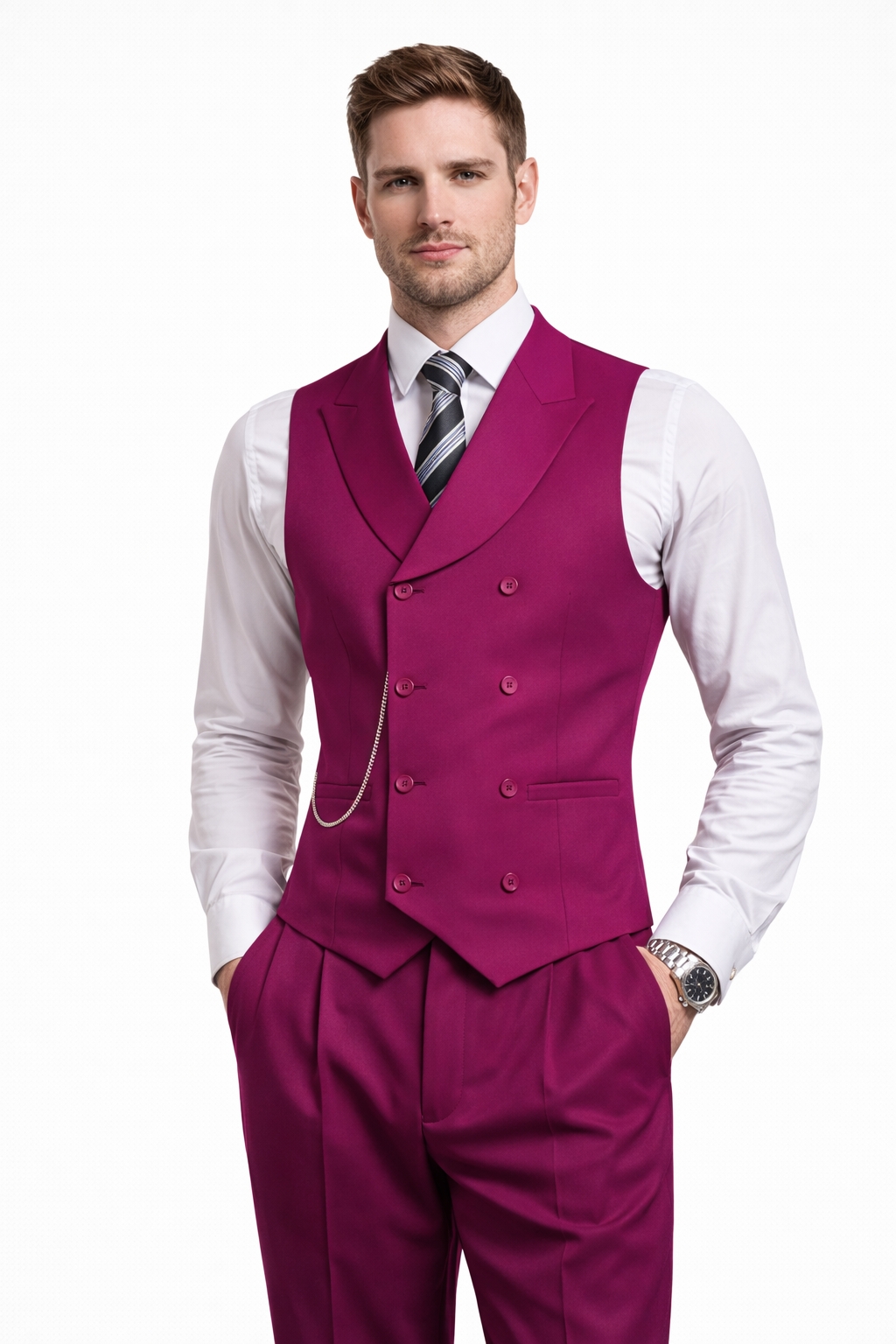 MAGENTA DOUBLE-BREASTED PEAK LAPEL WAISTCOAT