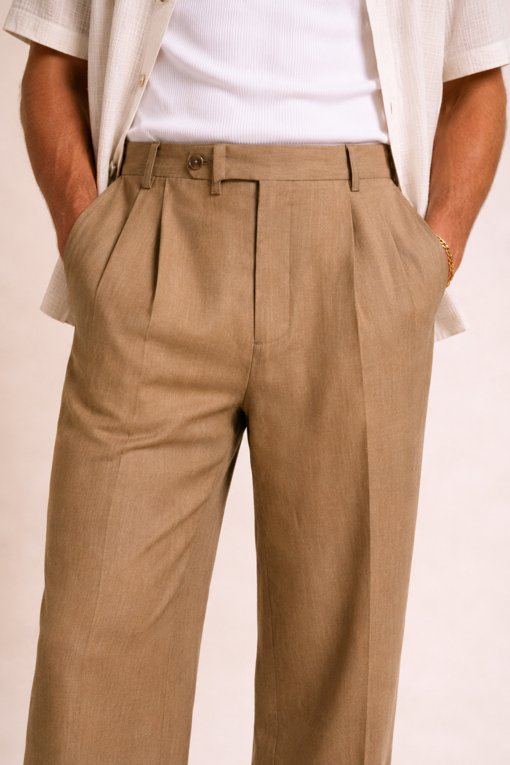 BEIGE WIDE-LEG DOUBLE PLEATED TROUSERS