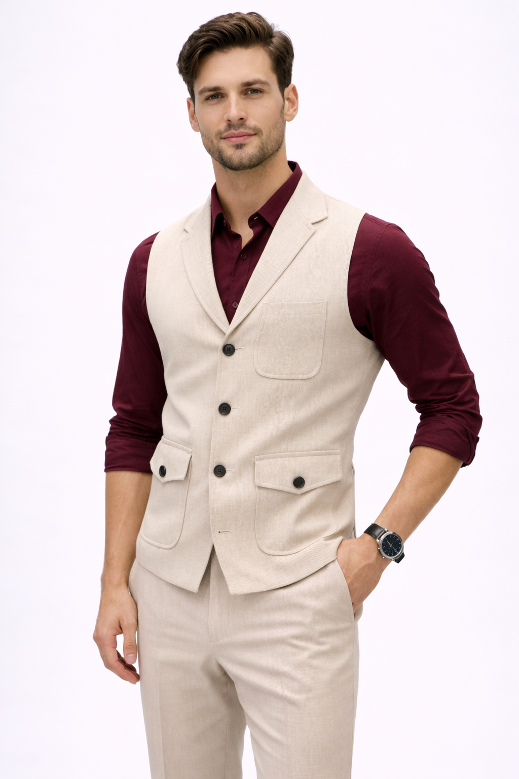 BEIGE NOTCH LAPEL SMART CASUAL WAISTCOAT