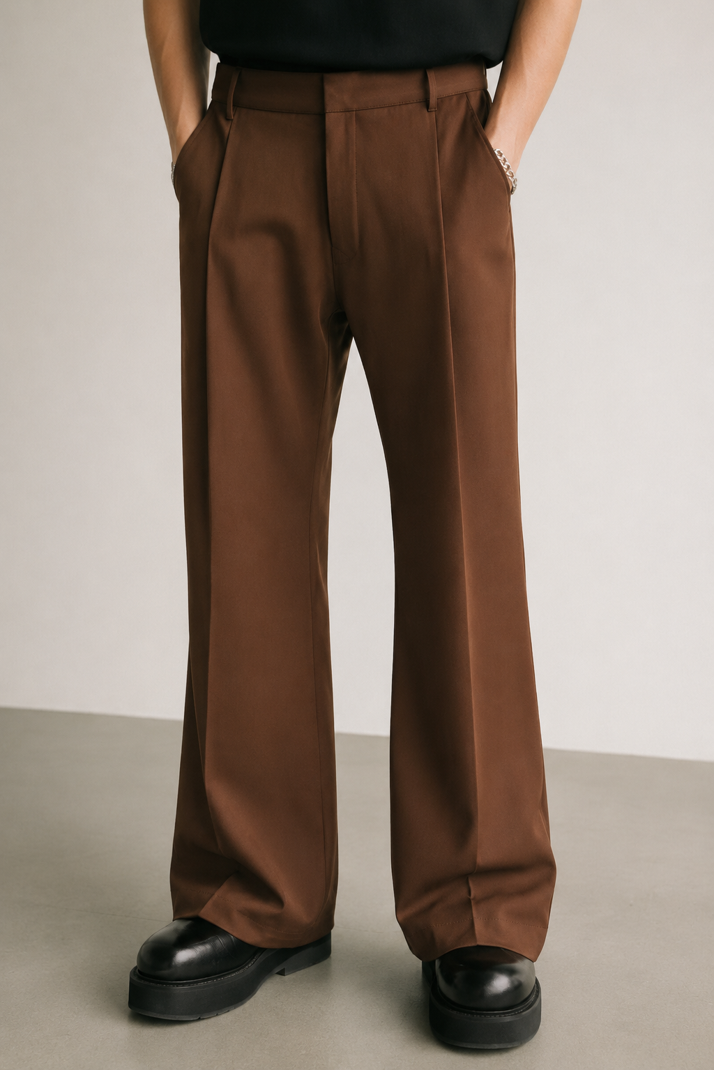 BROWN HIGH-WAISTED WIDE-LEG TROUSERS