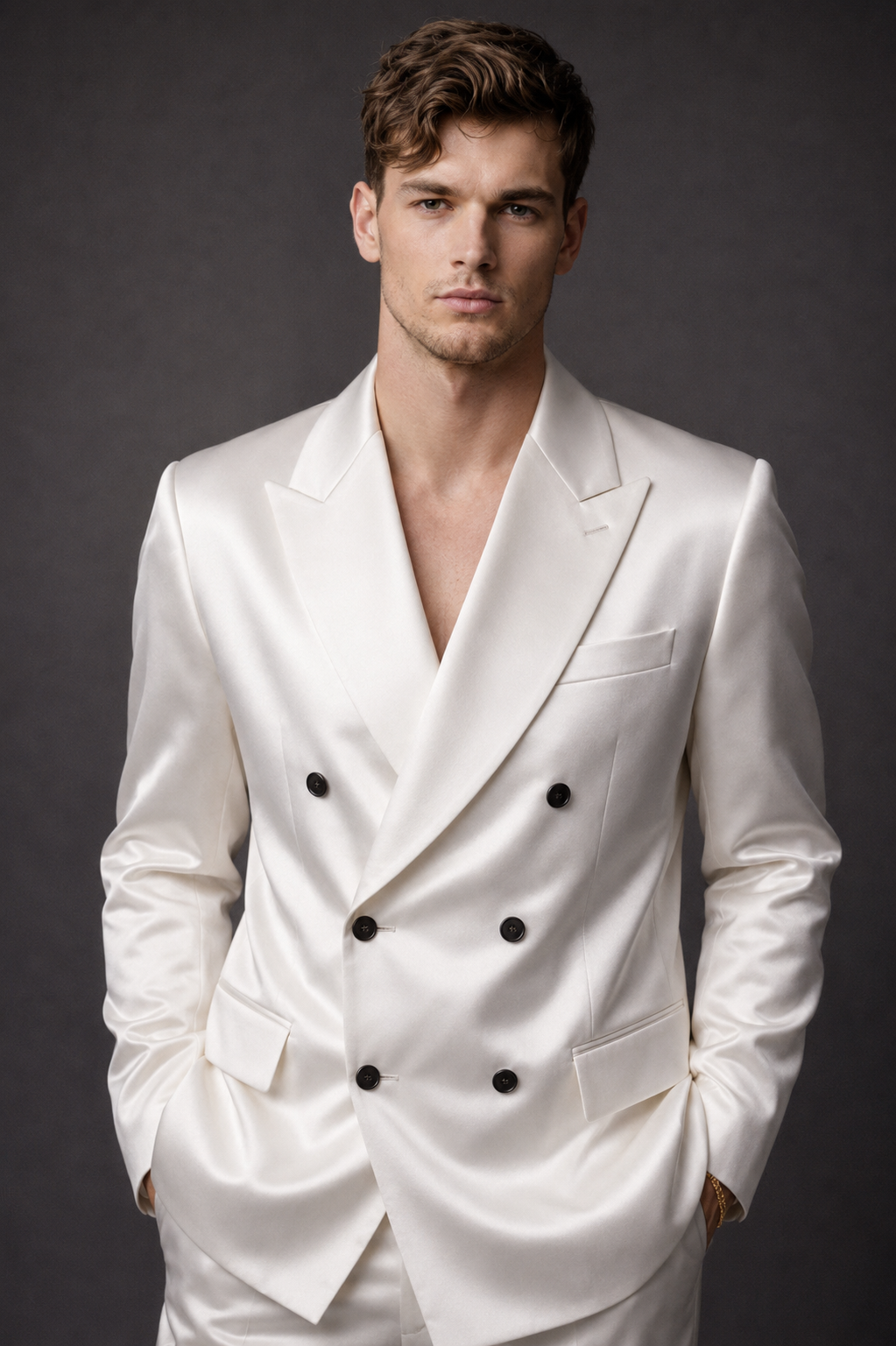 IVORY DOUBLE-BREASTED SATIN EVENING SUIT