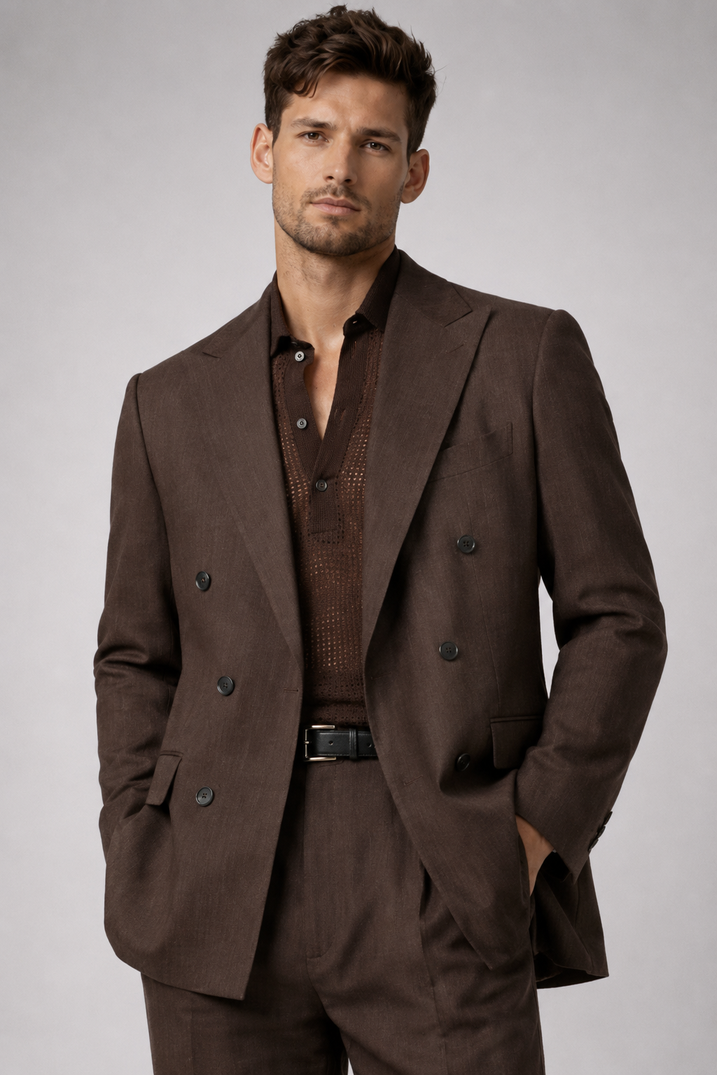 BROWN DOUBLE-BREASTED LINEN SUIT