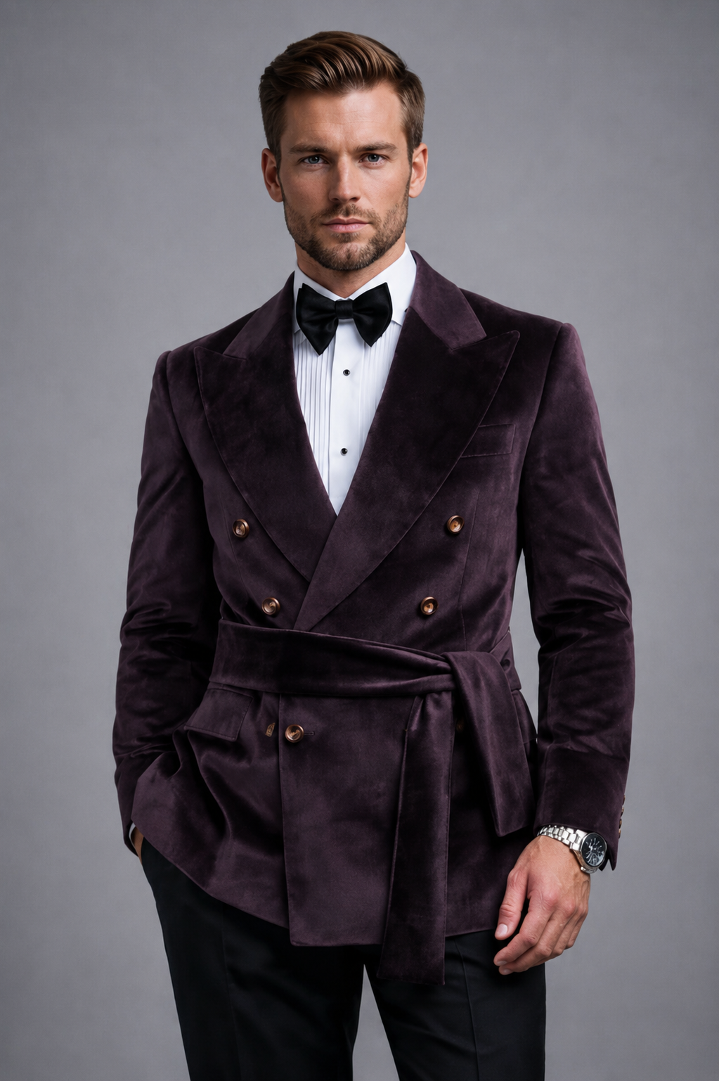 PLUM DOUBLE-BREASTED BELT VELVET