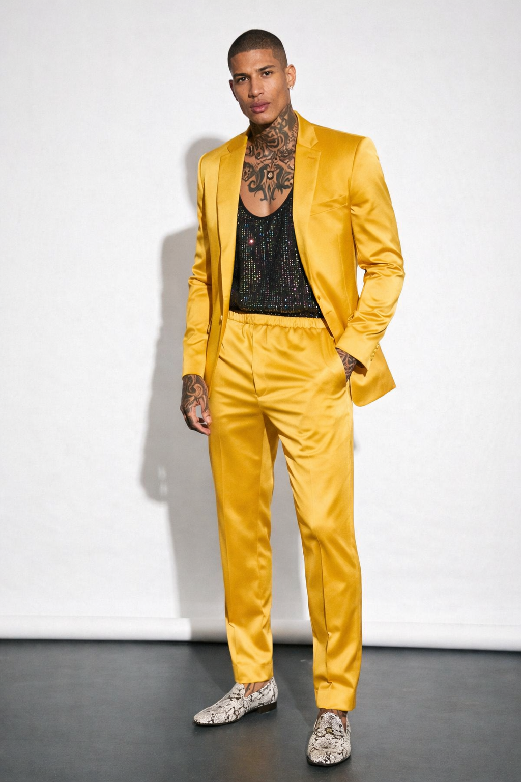 YELLOW SLIM FIT SATIN PARTY SUIT