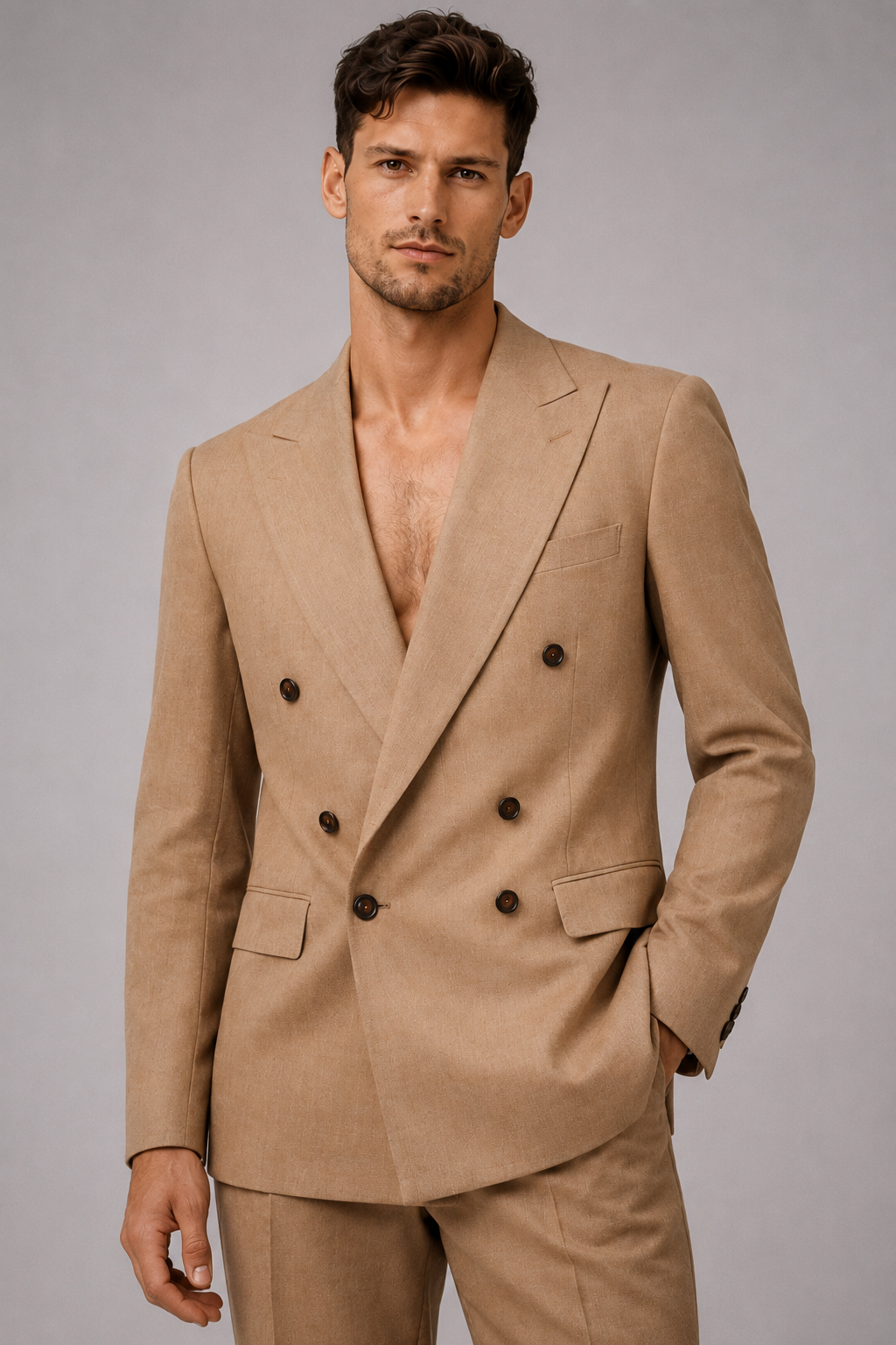 BROWN DOUBLE-BREASTED LINEN WEDDING SUIT