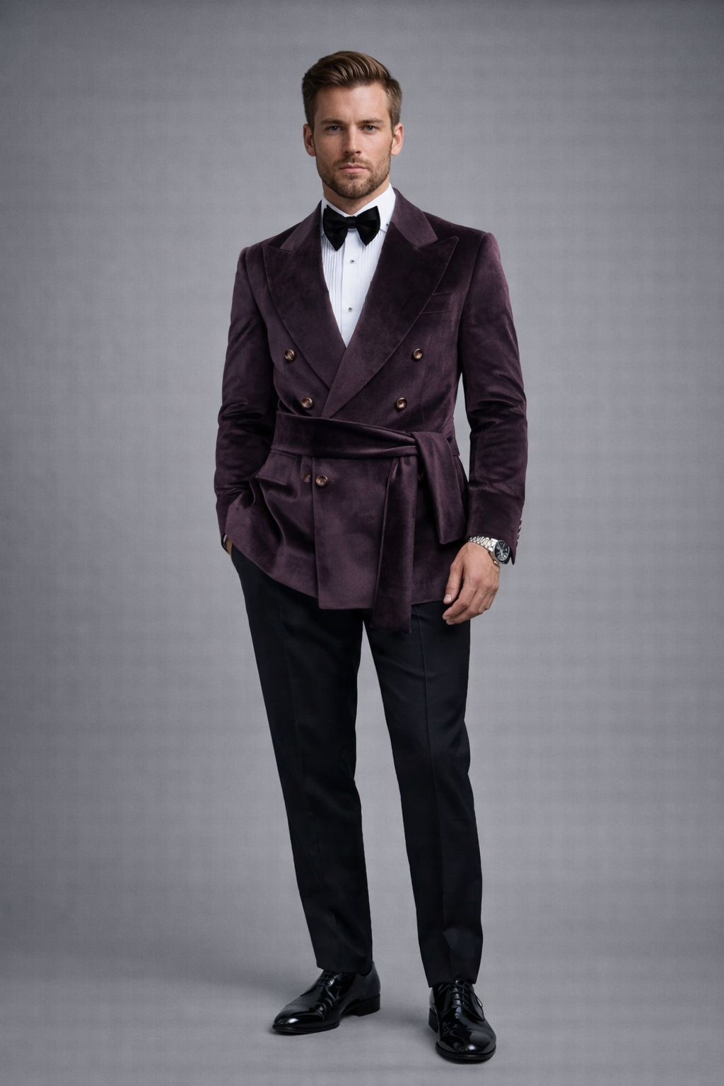 PLUM DOUBLE-BREASTED BELT VELVET