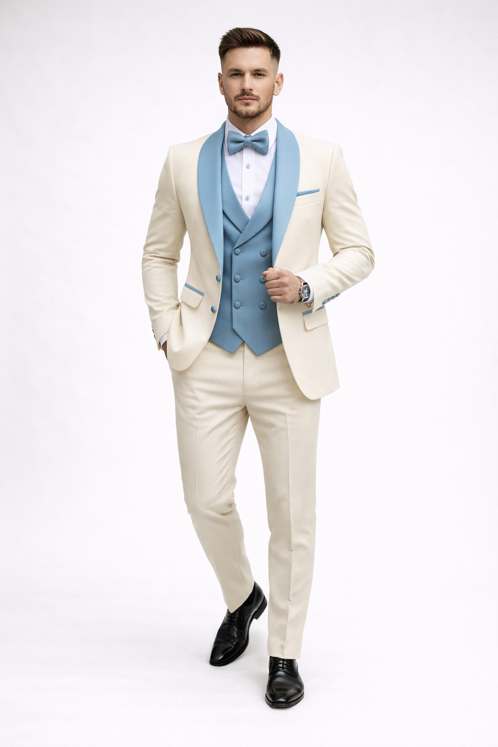 IVORY BLUE SHAWL LAPEL TUXEDO SUIT