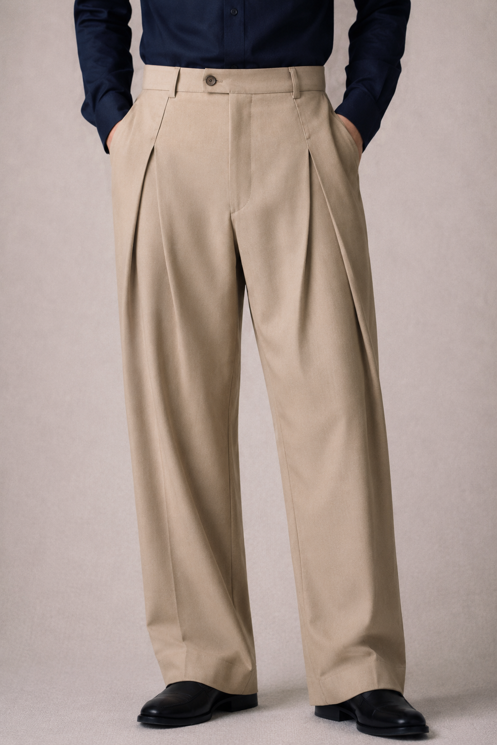 BEIGE WIDE-LEG DOUBLE PLEATED PANTS