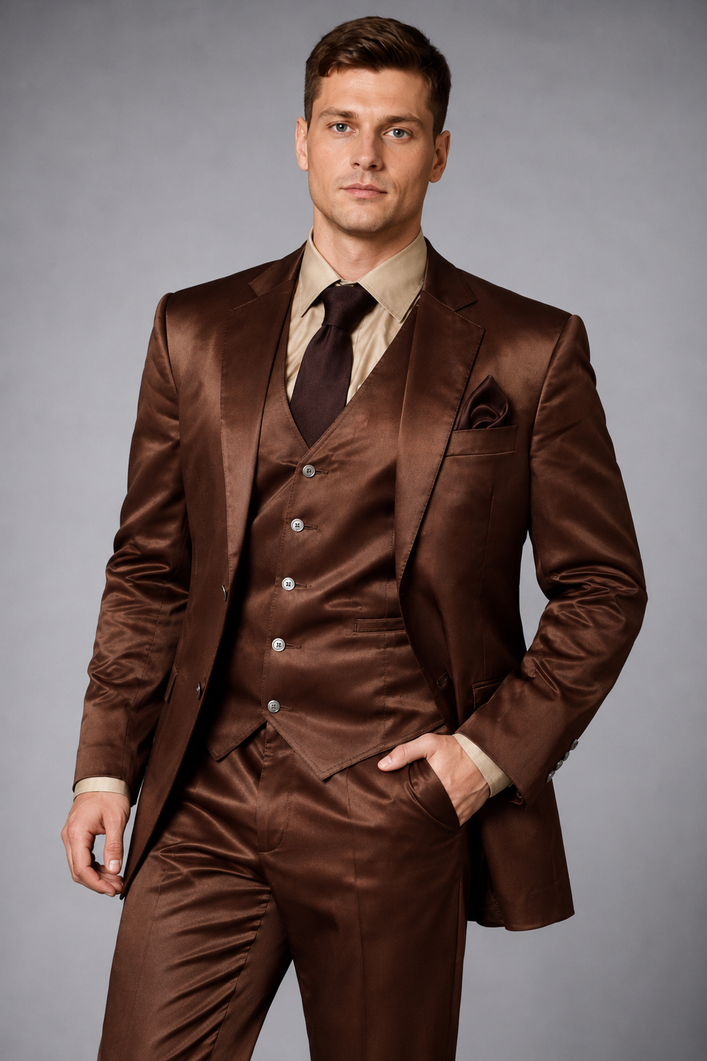 BROWN SLIM FIT SATIN FORMAL SUIT