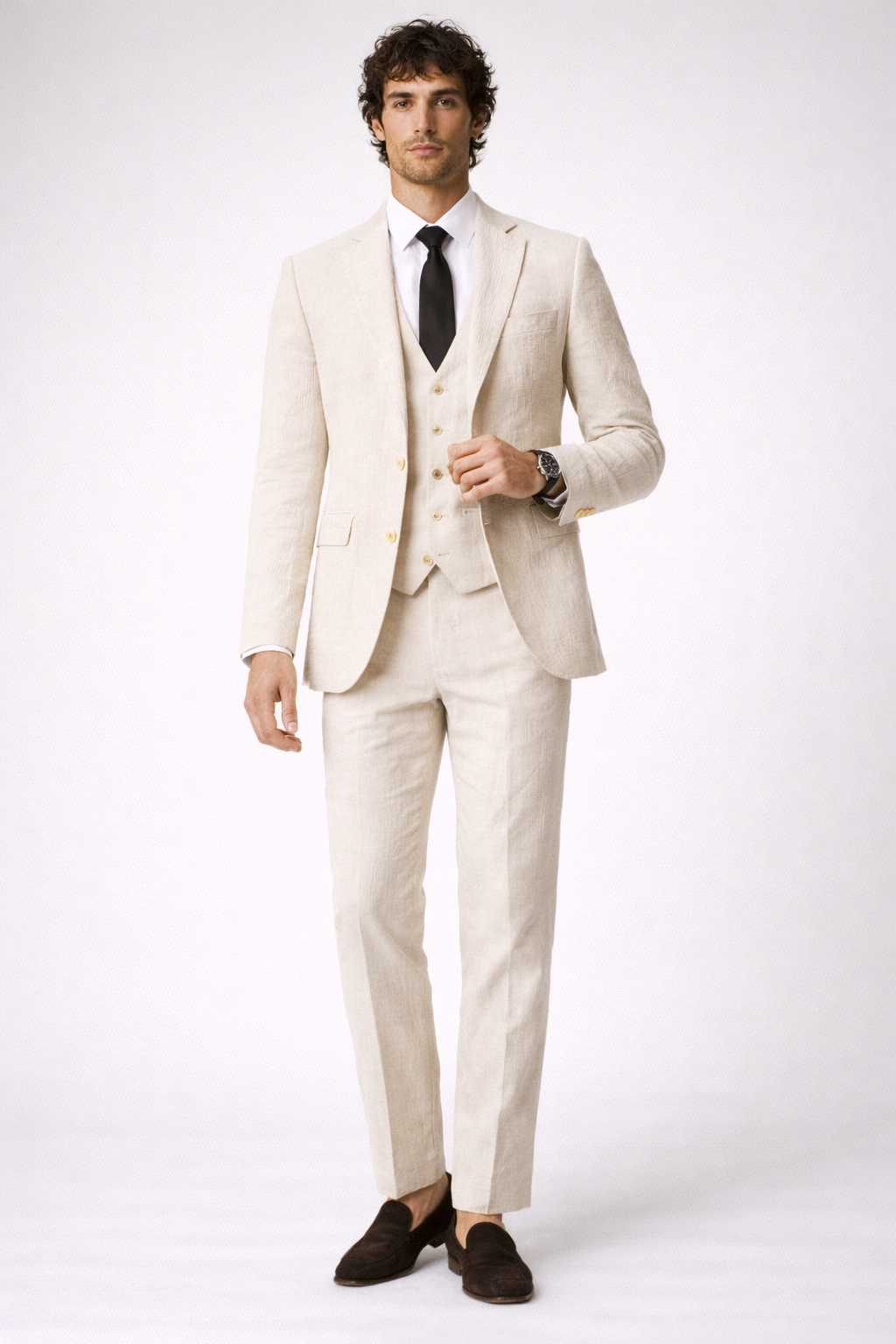 BEIGE SLIM FIT LINEN FORMAL SUIT