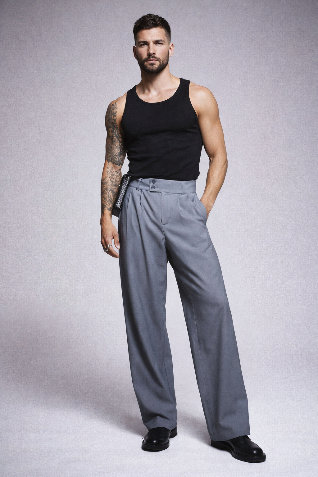 GREY HIGH-WAISTED PLEATED WIDE-LEG TROUSERS