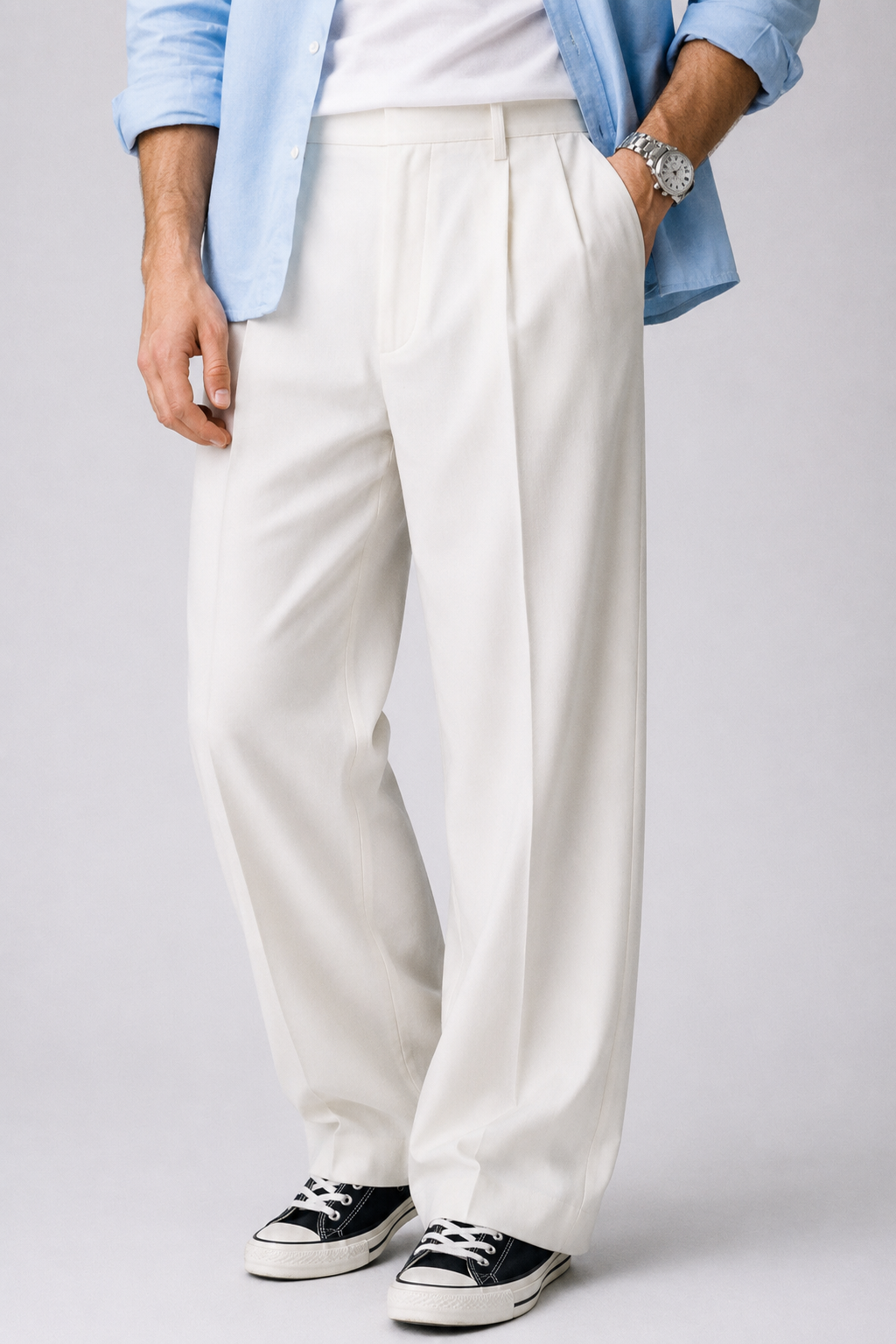 IVORY HIGH-WAISTED WIDE-LEG TROUSERS