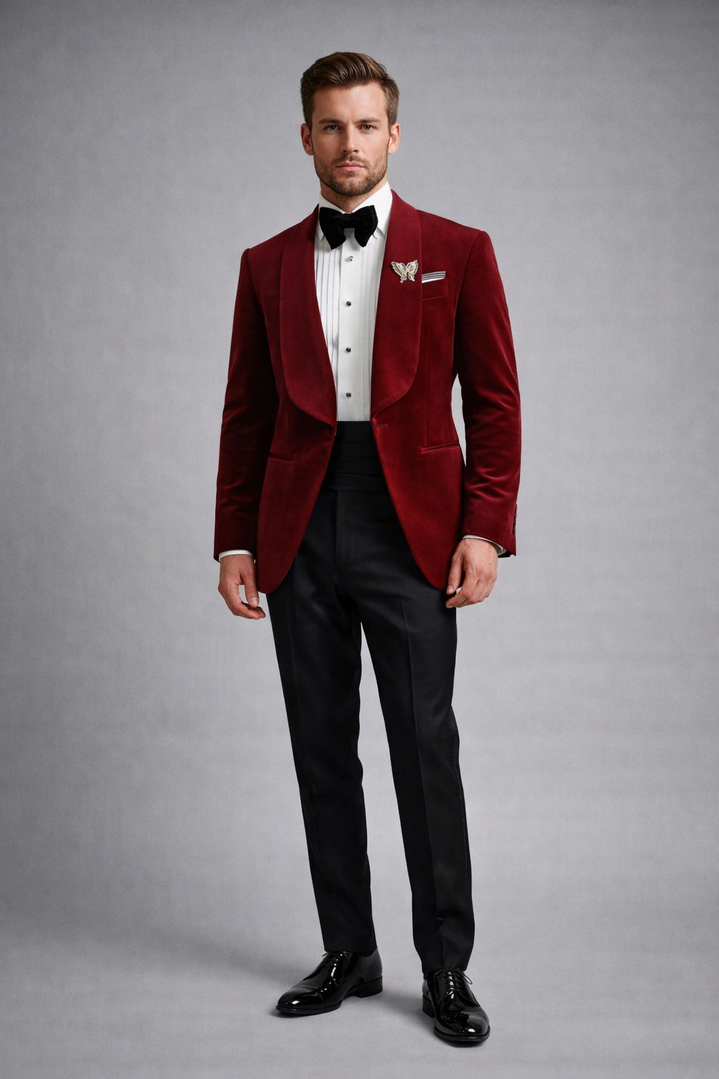BURGUNDY DOUBLE-BREASTED VELVET SUIT