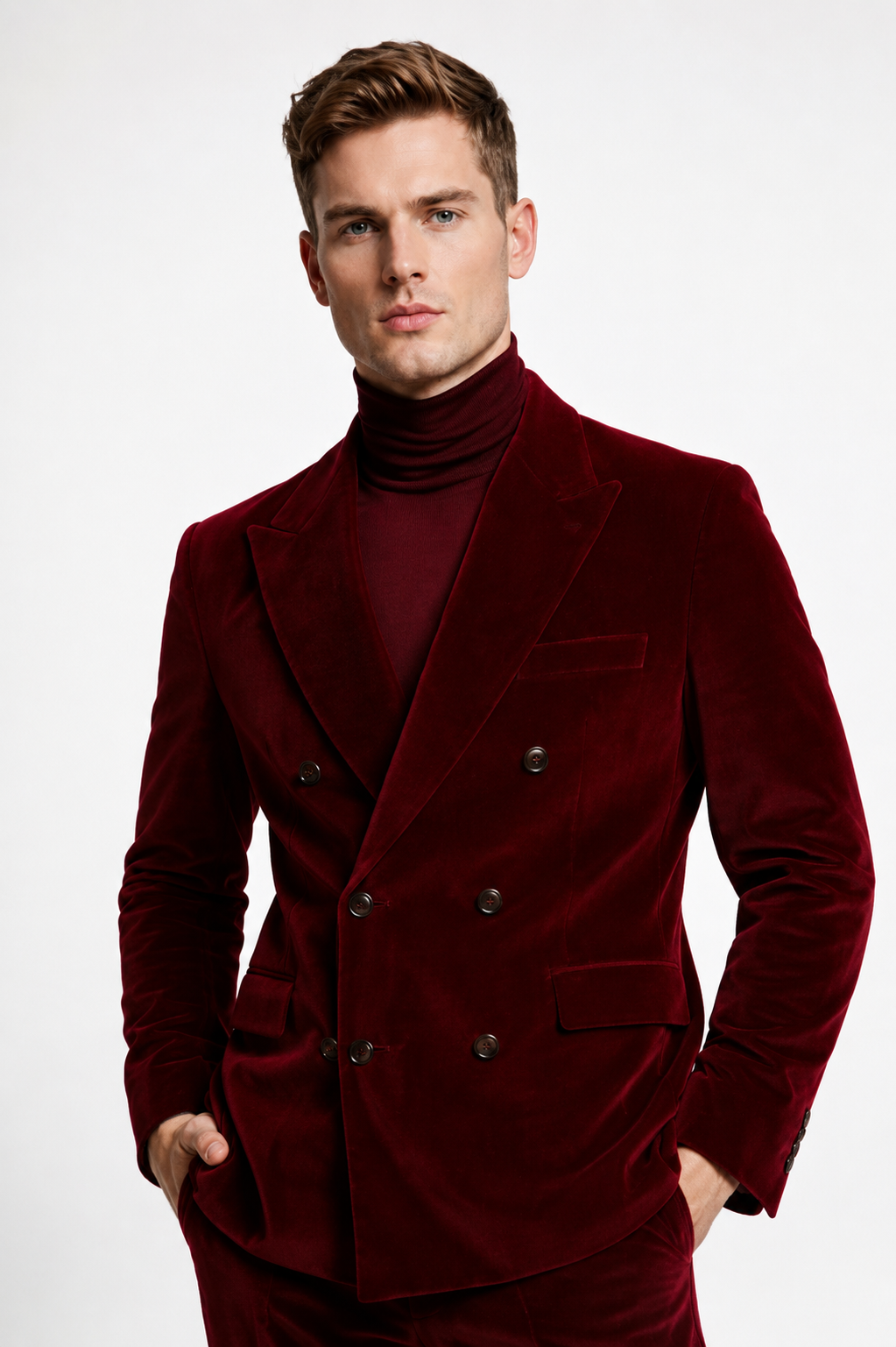 RED DOUBLE-BREASTED VELVET  SUIT