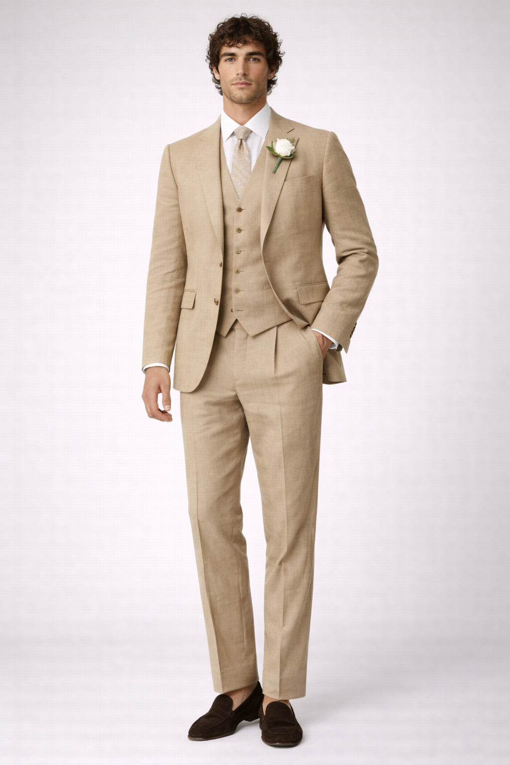 BEIGE LINEN WEDDING GROOM SUIT