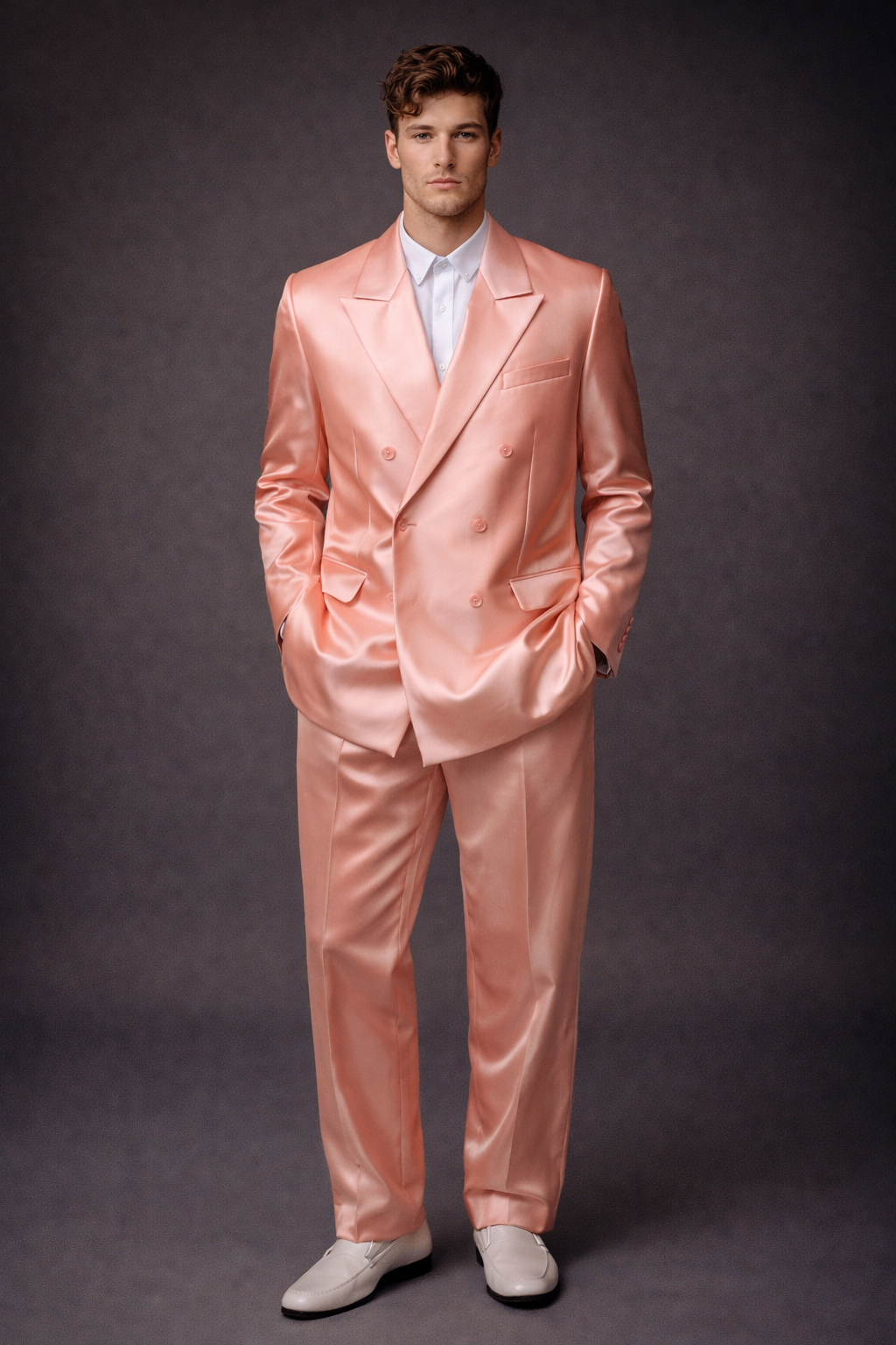 PEACH DOUBLE-BREASTED SATIN WEDDING SUIT