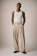 BEIGE HIGH-WAISTED PLEATED WIDE-LEG TROUSERS