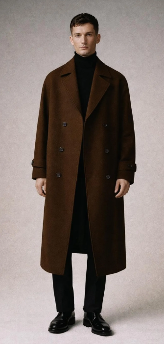 BROWN DOUBLE BREASTED WOOL OVERCOAT