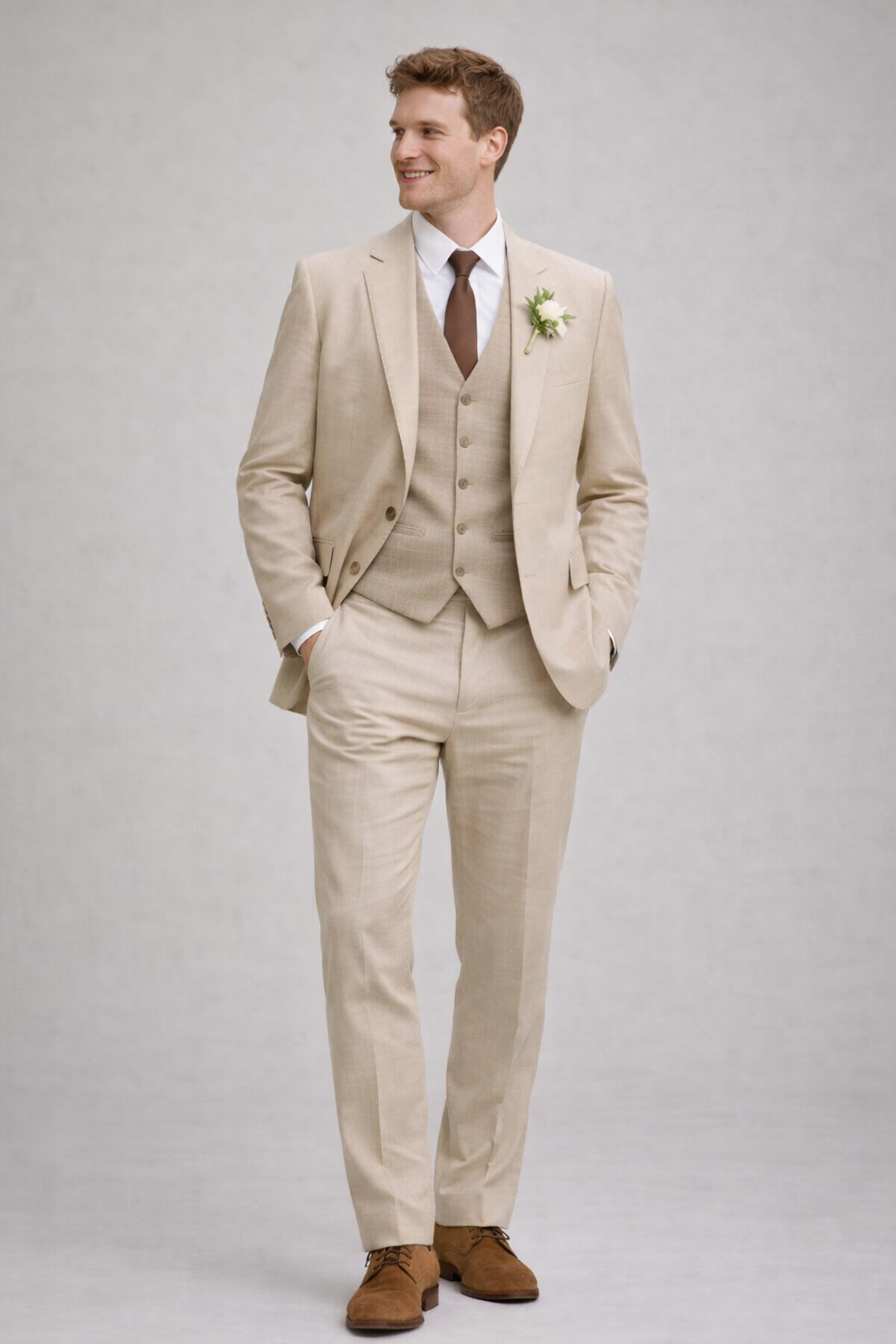 BEIGE RELAXED FIT LINEN GROOM SUIT
