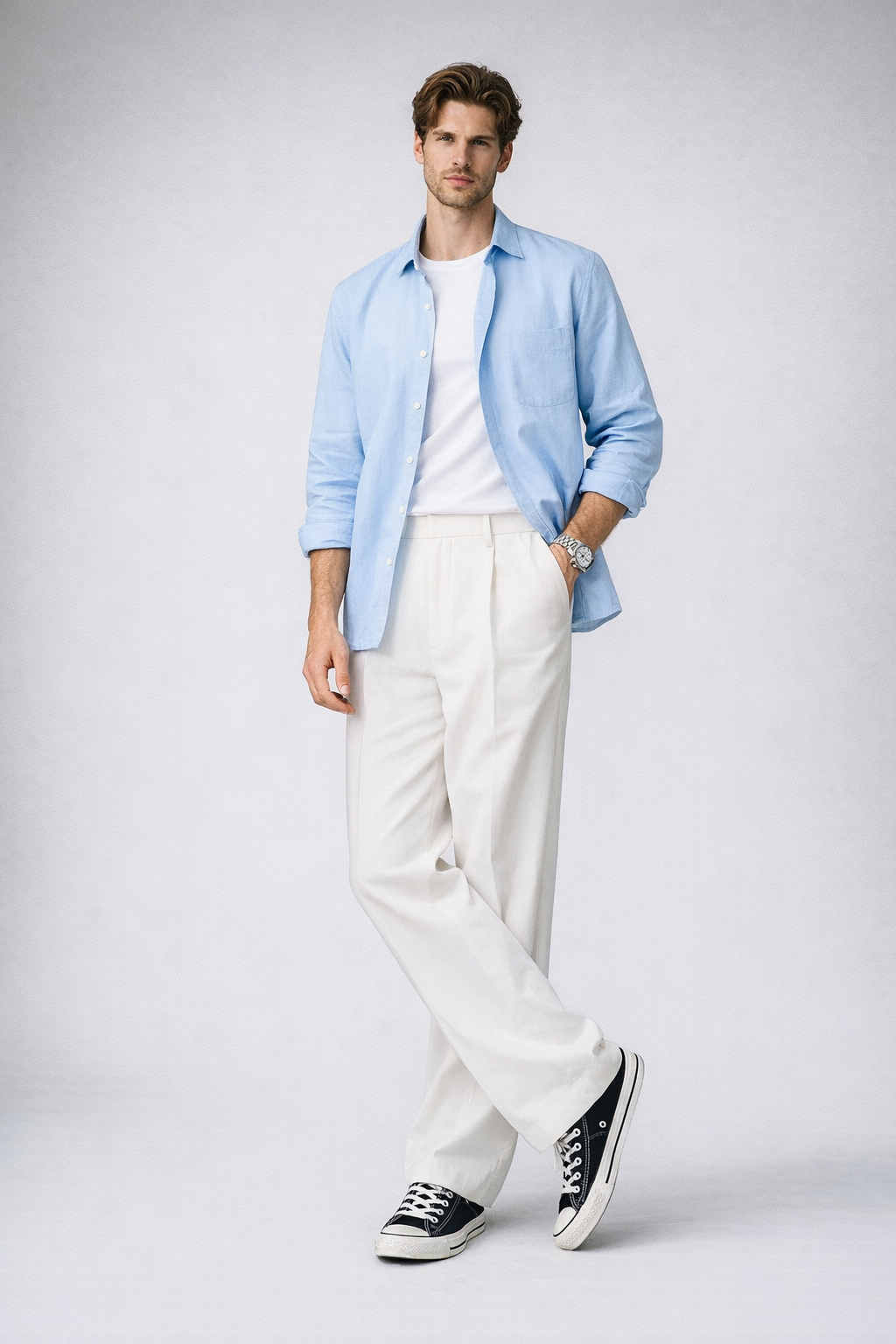IVORY HIGH-WAISTED WIDE-LEG TROUSERS