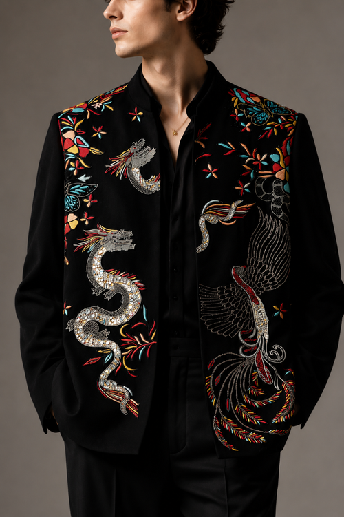 BLACK EMBROIDERED DRAGON PHOENIX SUIT