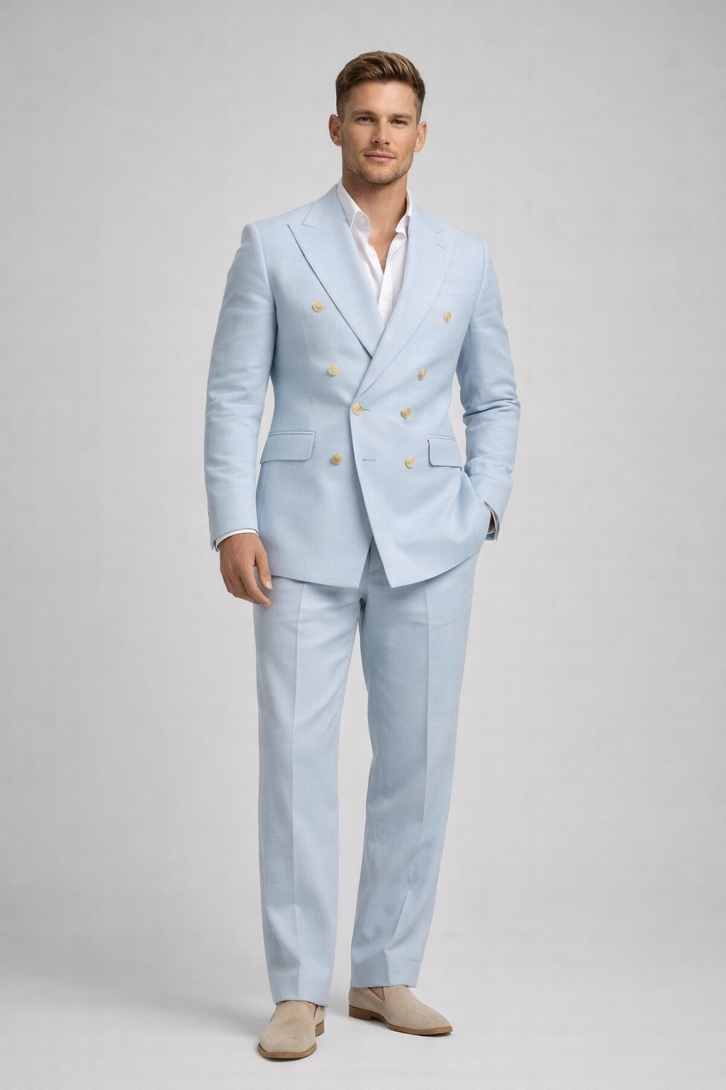 SKY BLUE DOUBLE-BREASTED LINEN SUIT
