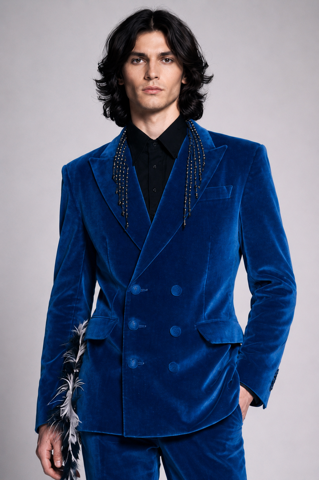 BLUE DOUBLE-BREASTED VELVET SUIT
