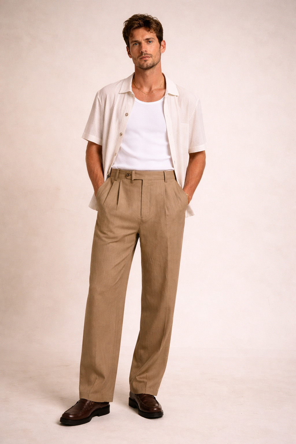 BEIGE WIDE-LEG DOUBLE PLEATED TROUSERS